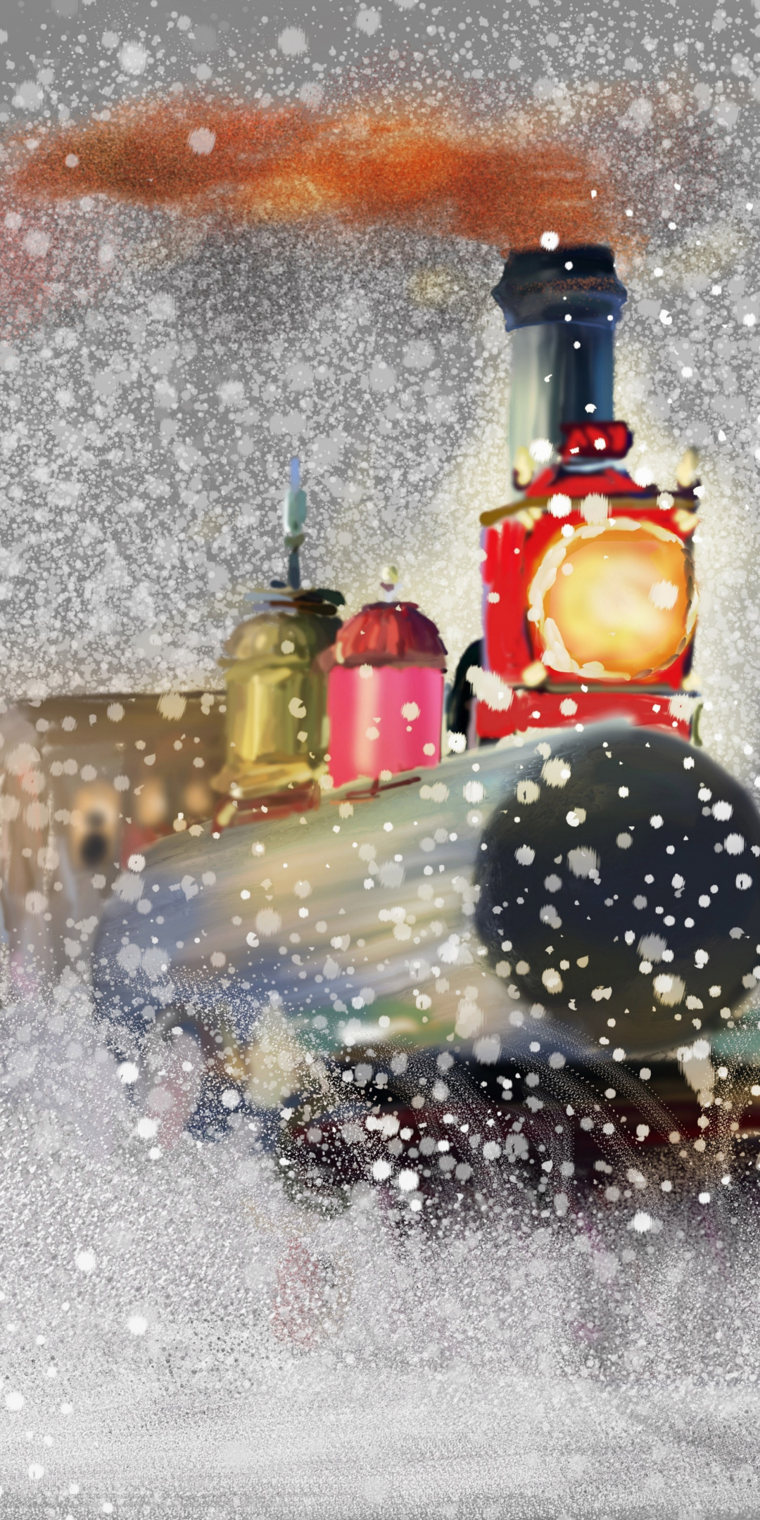 Train, winter, snowfall, snowflakes, artwork, 1080x2160 wallpaper