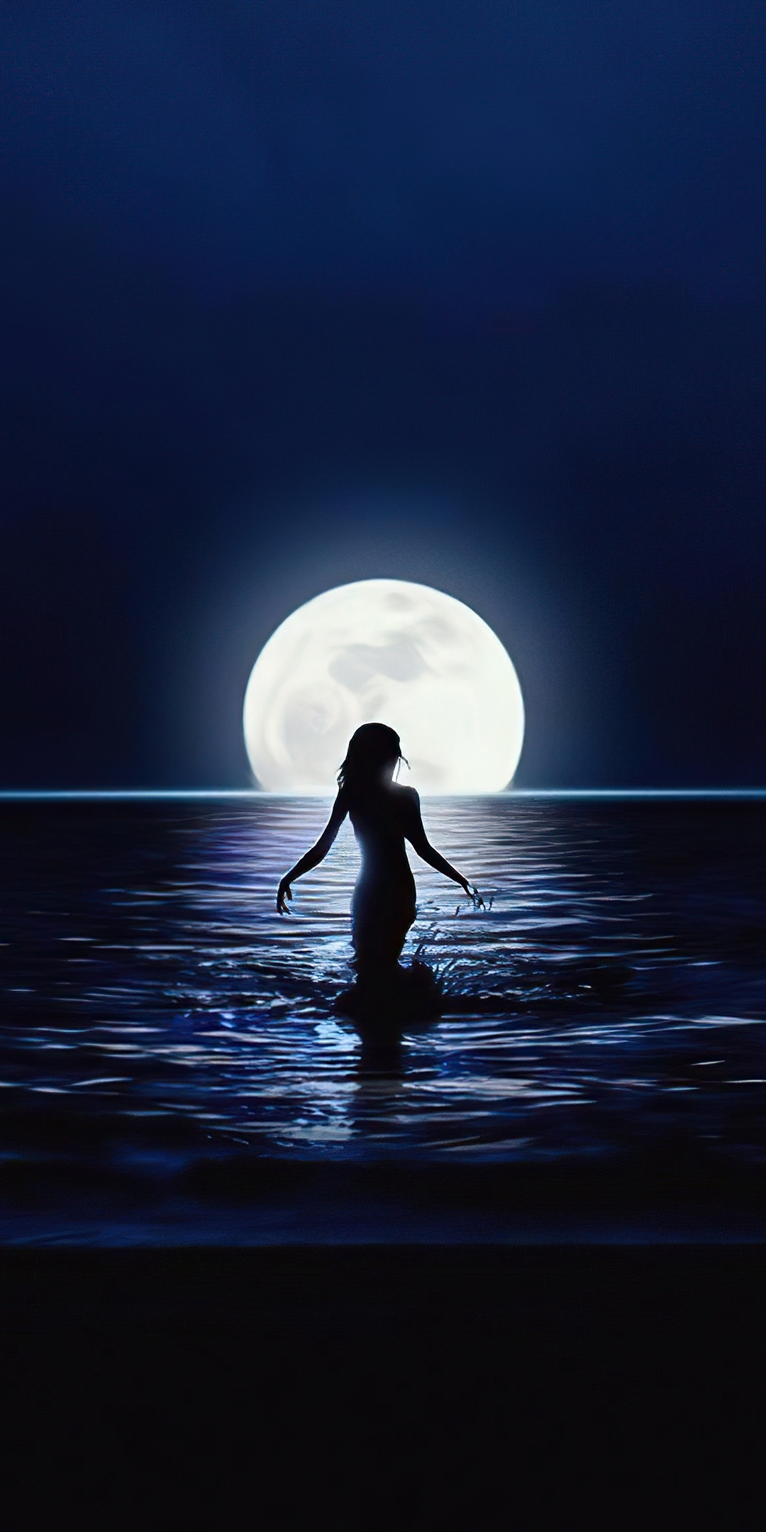 Girl and moon, ocean, silhouette, 1080x2160 wallpaper