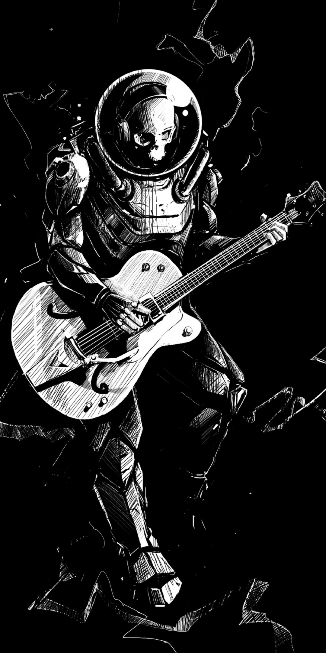 Art, skeleton, guitar, play, music, BW, 1080x2160 wallpaper