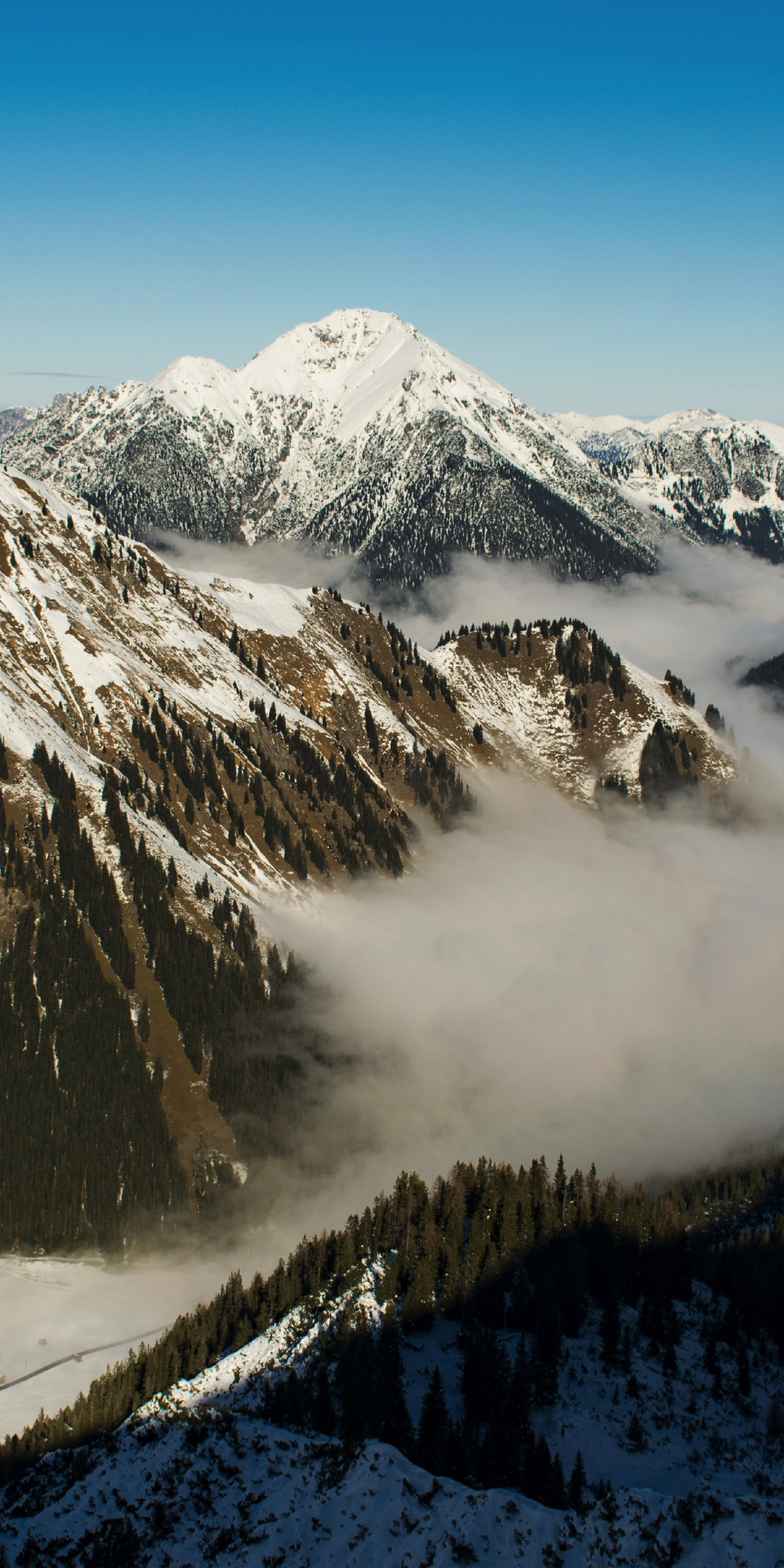 Mountains, fog, aerial view, valley, 1080x2160 wallpaper