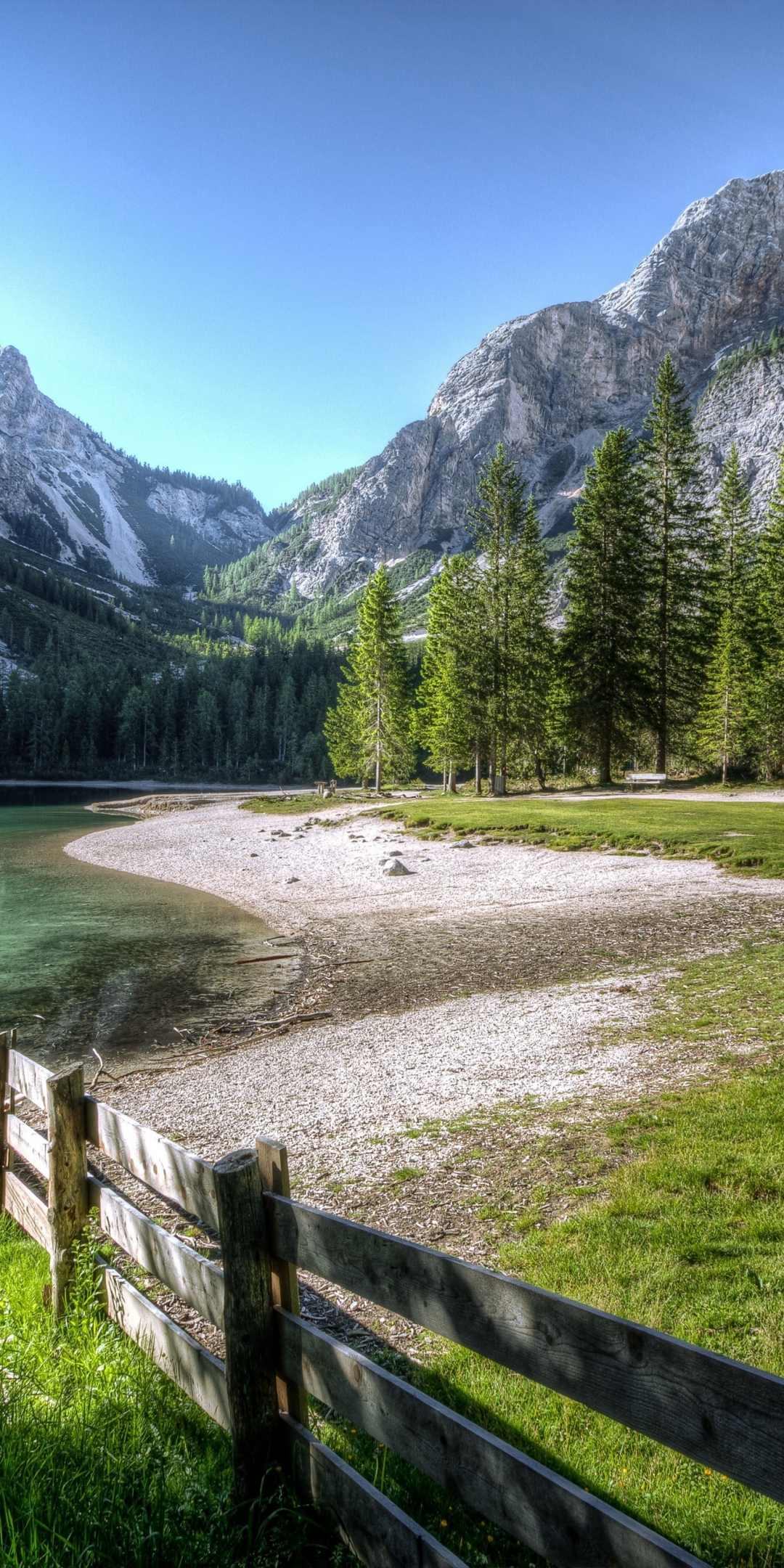 Conifer, fence, lake, landscape, outdoors, nature, mountains, 1080x2160 wallpaper
