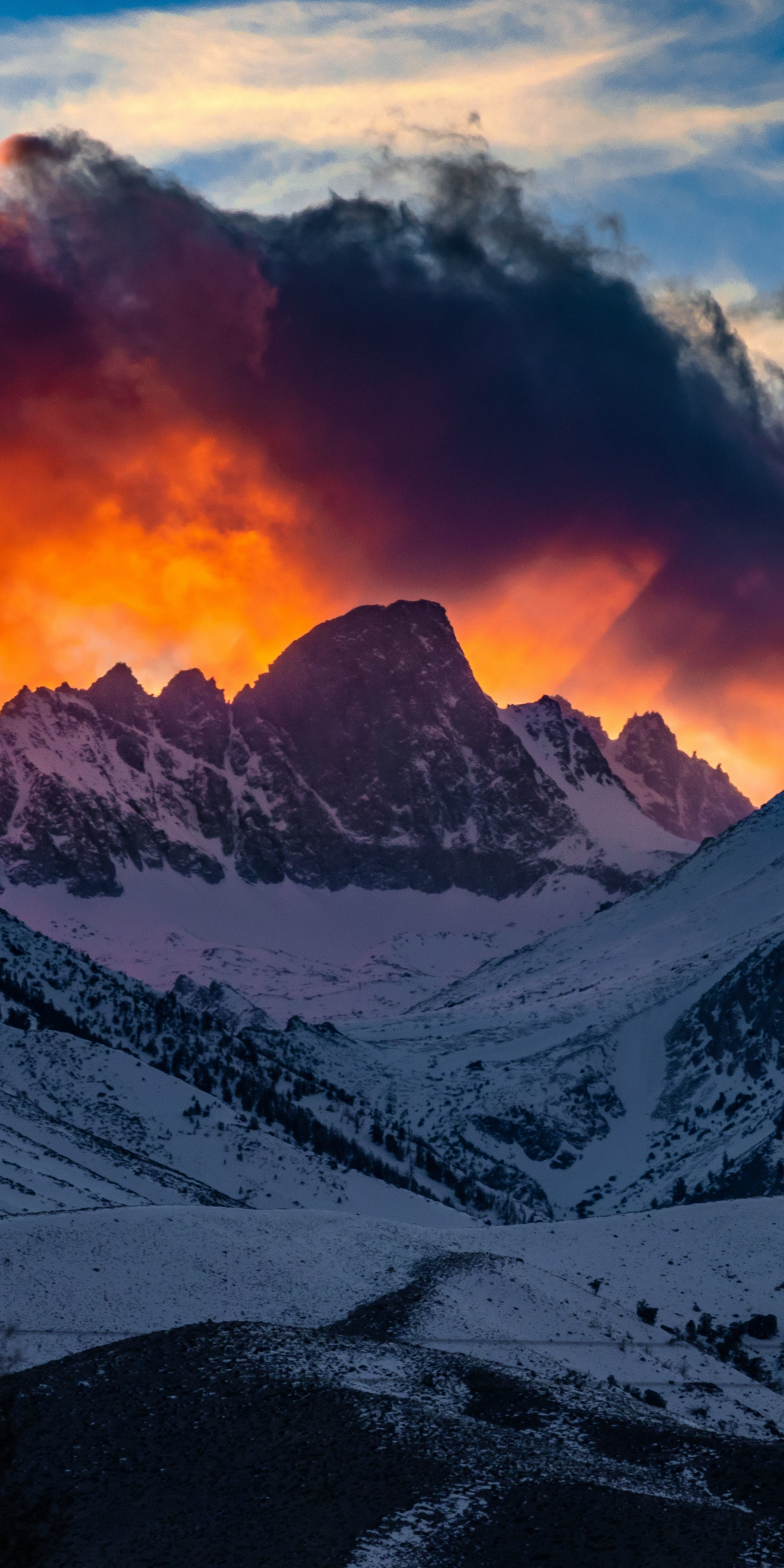 Mountains, yellow glow, snow layer, glacier, sunset, glow, 1080x2160 wallpaper