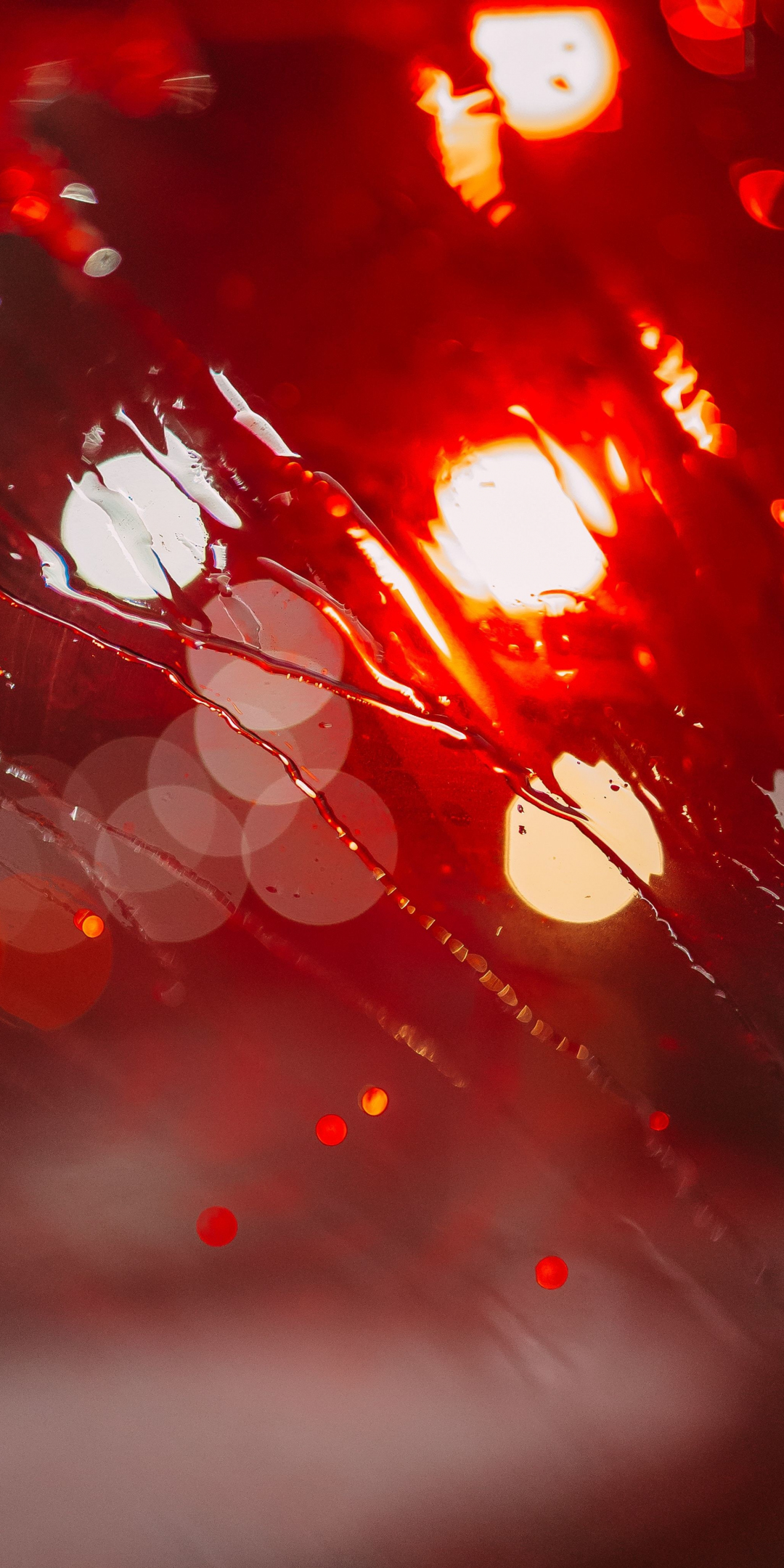 Glare, bokeh, red lights, surface, glass, 1080x2160 wallpaper