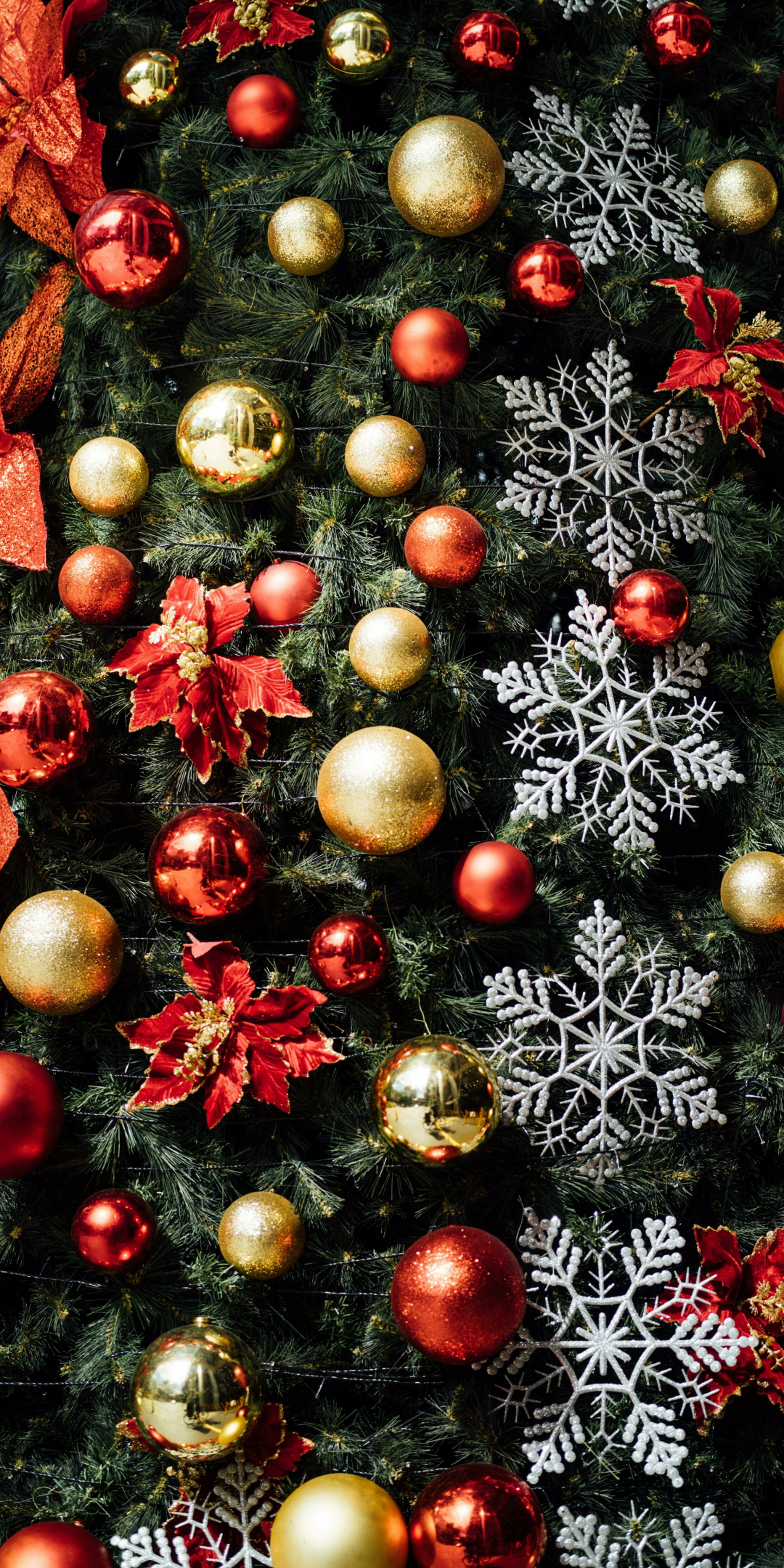 Christmas 2021, decoration ornaments, balls, leaves, snowflakes, 1080x2160 wallpaper