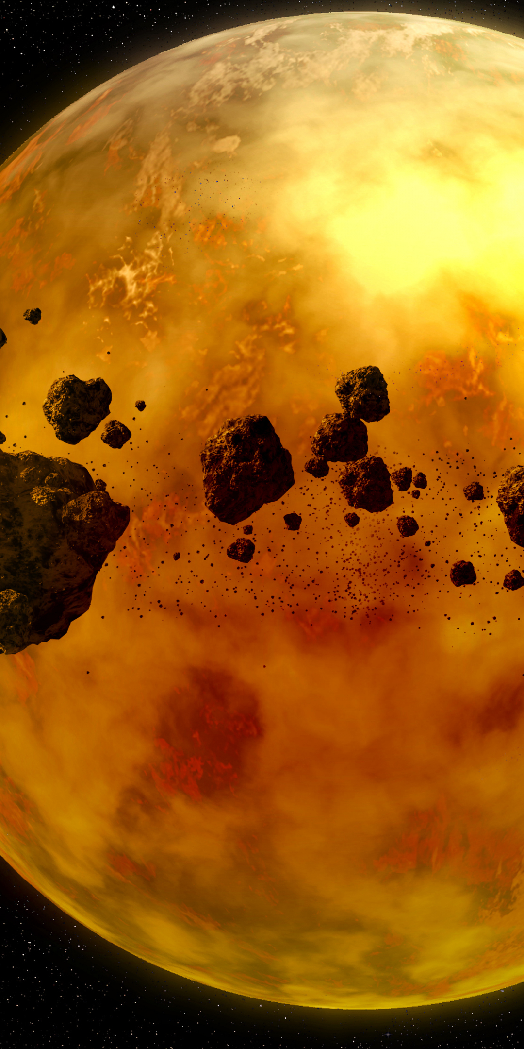 Yellow planet, asteroids, space, 1080x2160 wallpaper