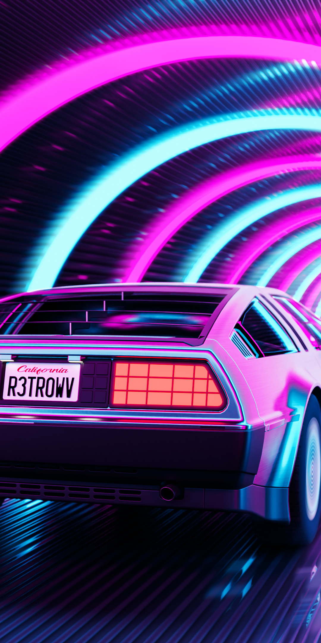 Retro artwork, DeLorean, car run through portal, 1080x2160 wallpaper