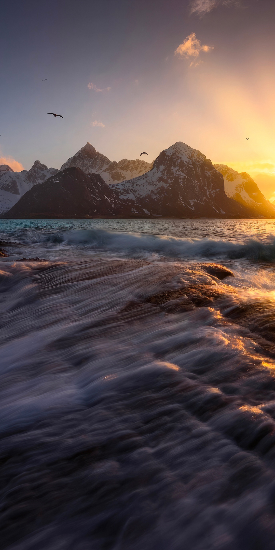 Coastal waves, Norway's Lofoten islands, nature, sunset, 1080x2160 wallpaper