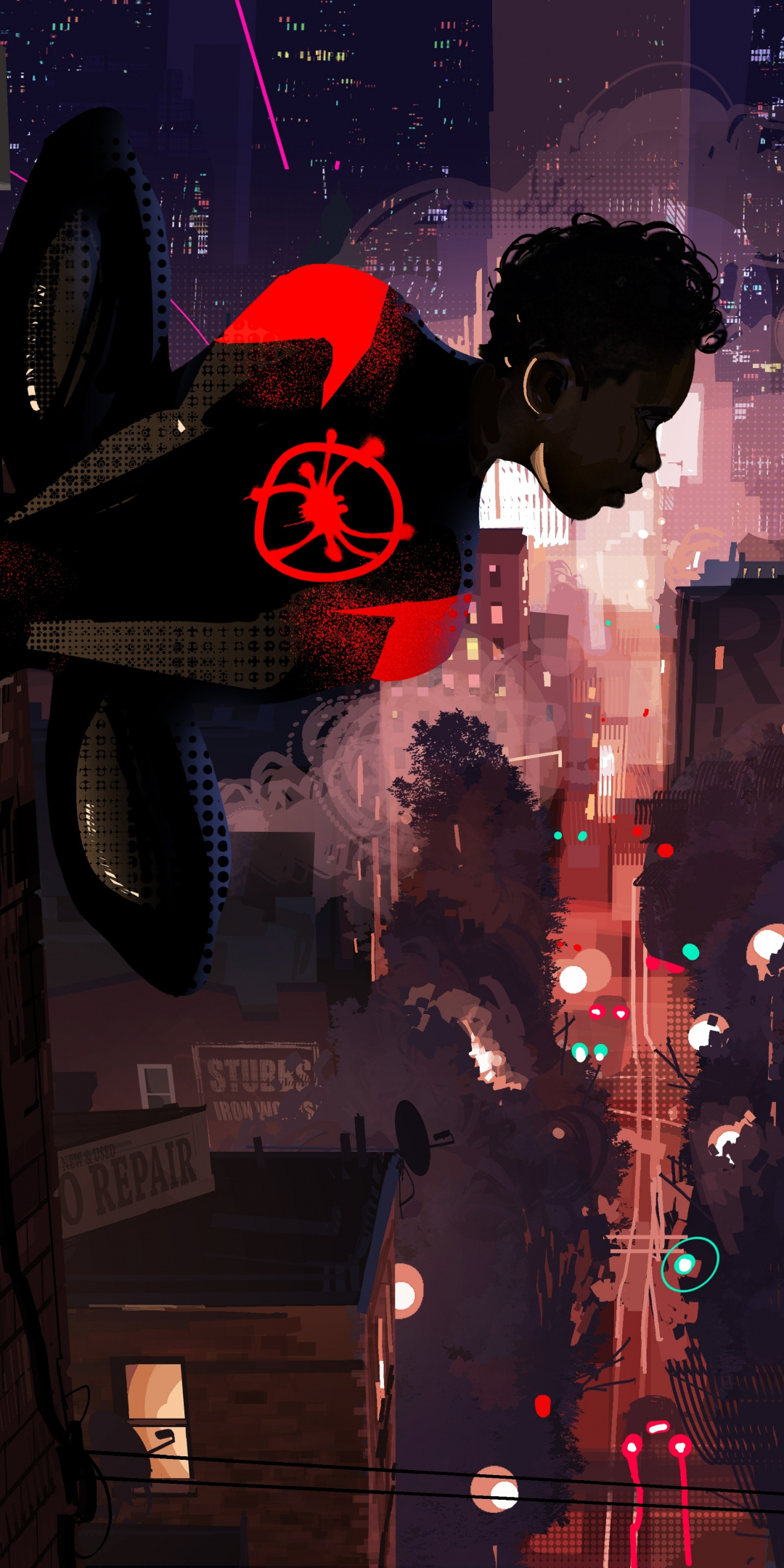 Spider-Man: Into the Spider-Verse, movie, cityscape, art, 1080x2160 wallpaper