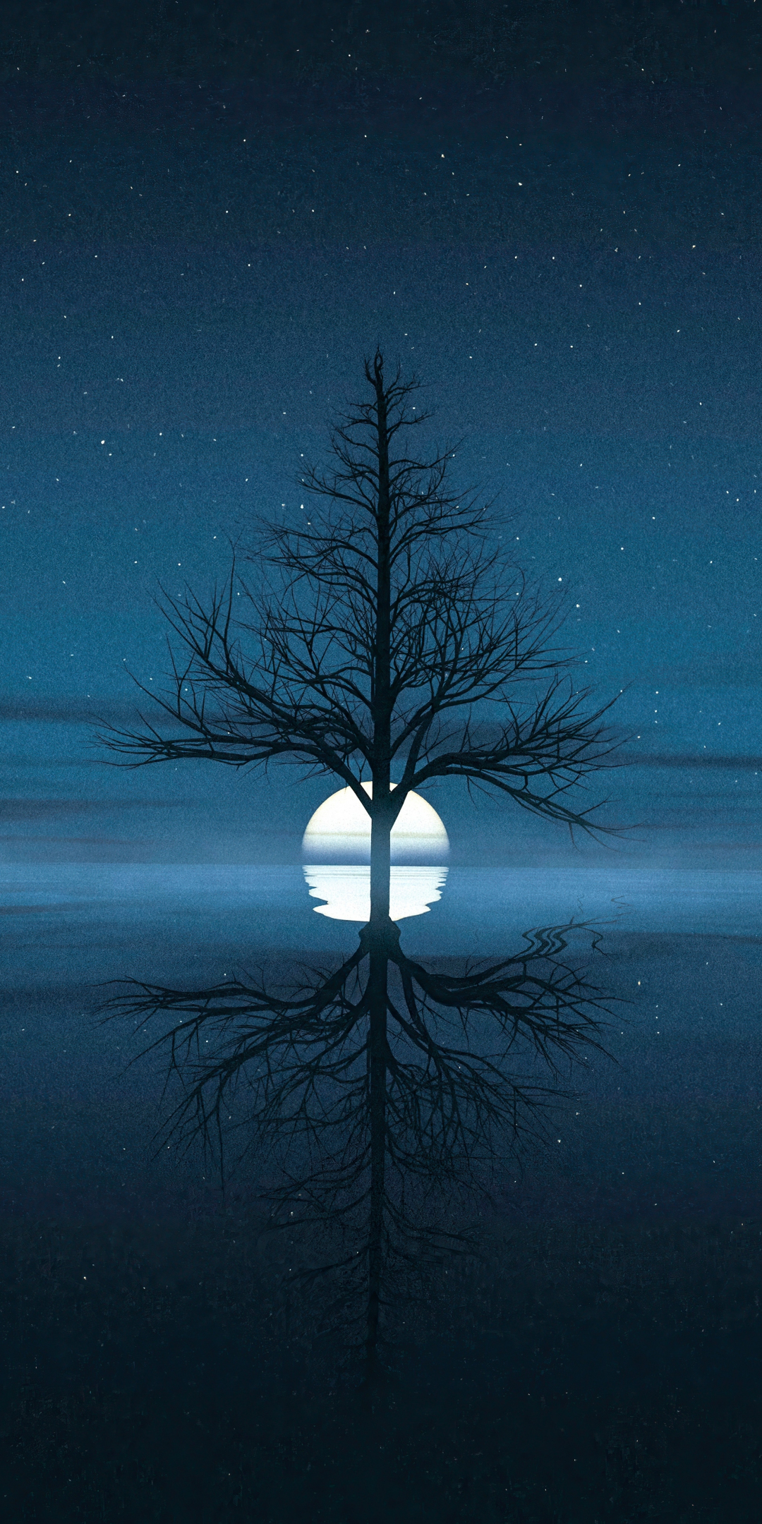 Moon set behind tree, reflections, lake, silhouette, 1080x2160 wallpaper