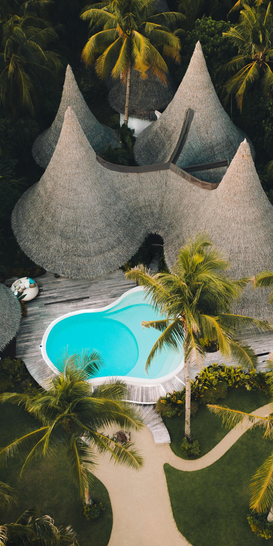 Resort huts, pool, aerial shot, 1080x2160 wallpaper