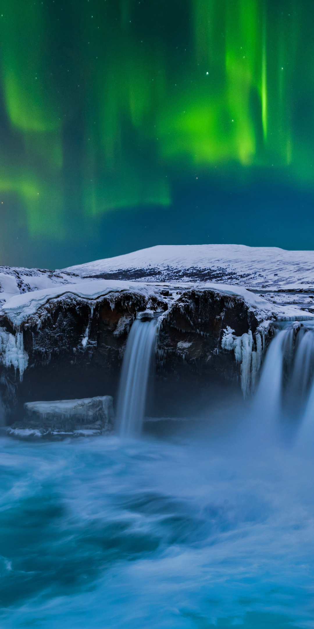 Godafoss waterfall, under the northern lights, night, nature, 1080x2160 wallpaper