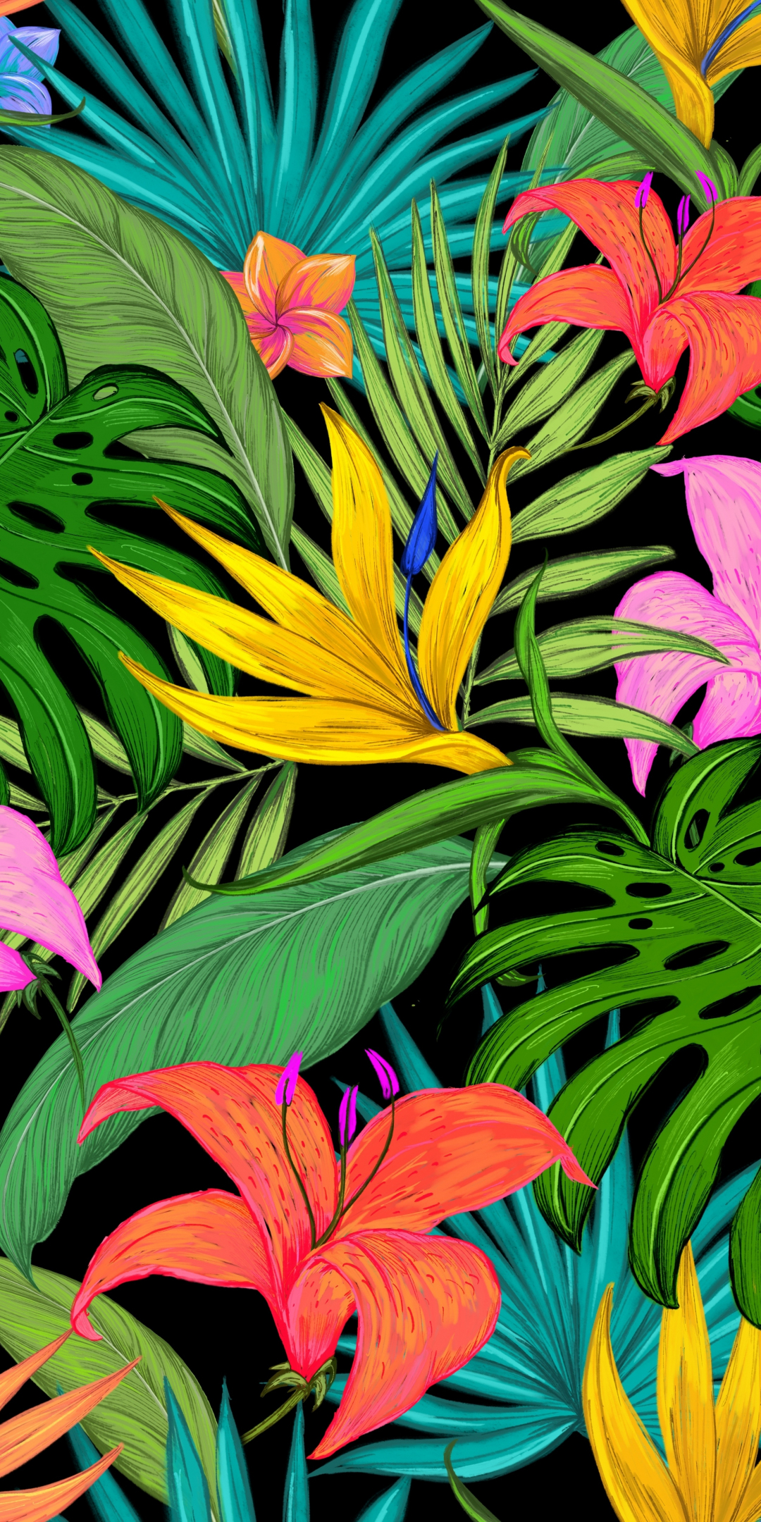 Pattern, tropical, flowers, leaves, 1080x2160 wallpaper