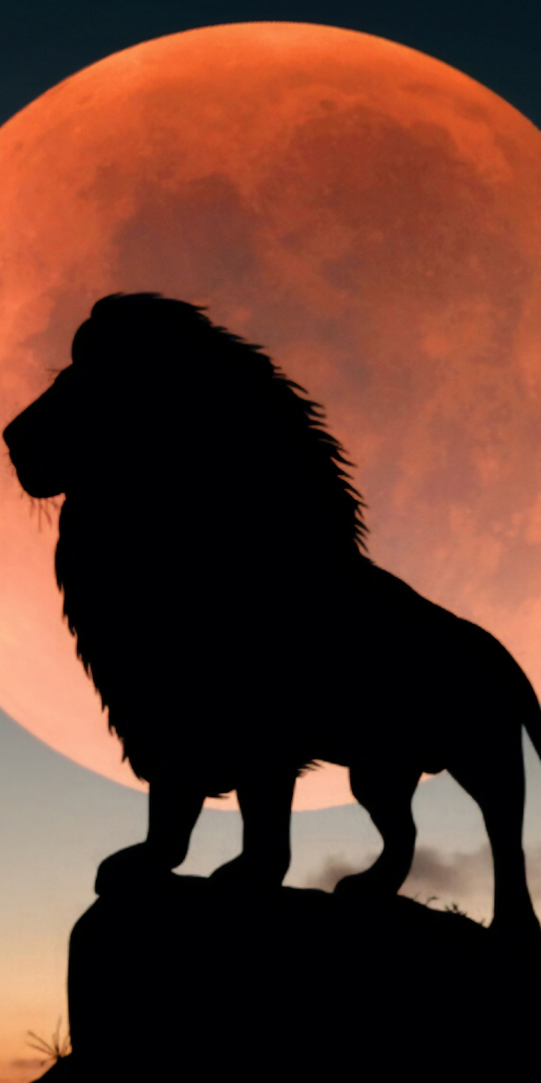 Lion king, full red moon, silhouette, 1080x2160 wallpaper
