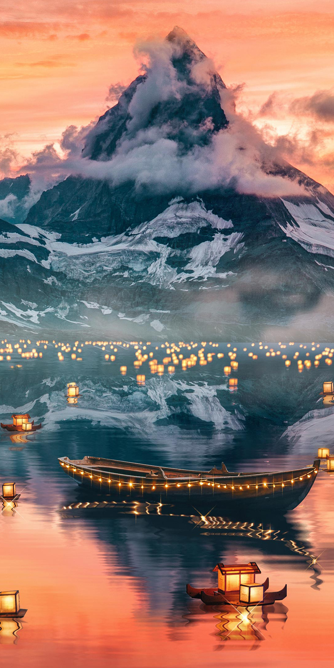 Lanterns, mountain, lake, the lights, festival, 1080x2160 wallpaper