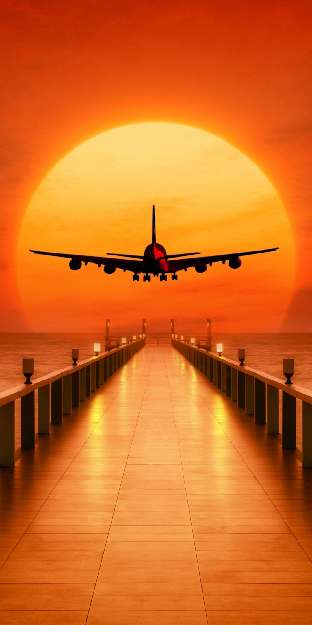Airplane, photoshop, pier, sunset, 1080x2160 wallpaper