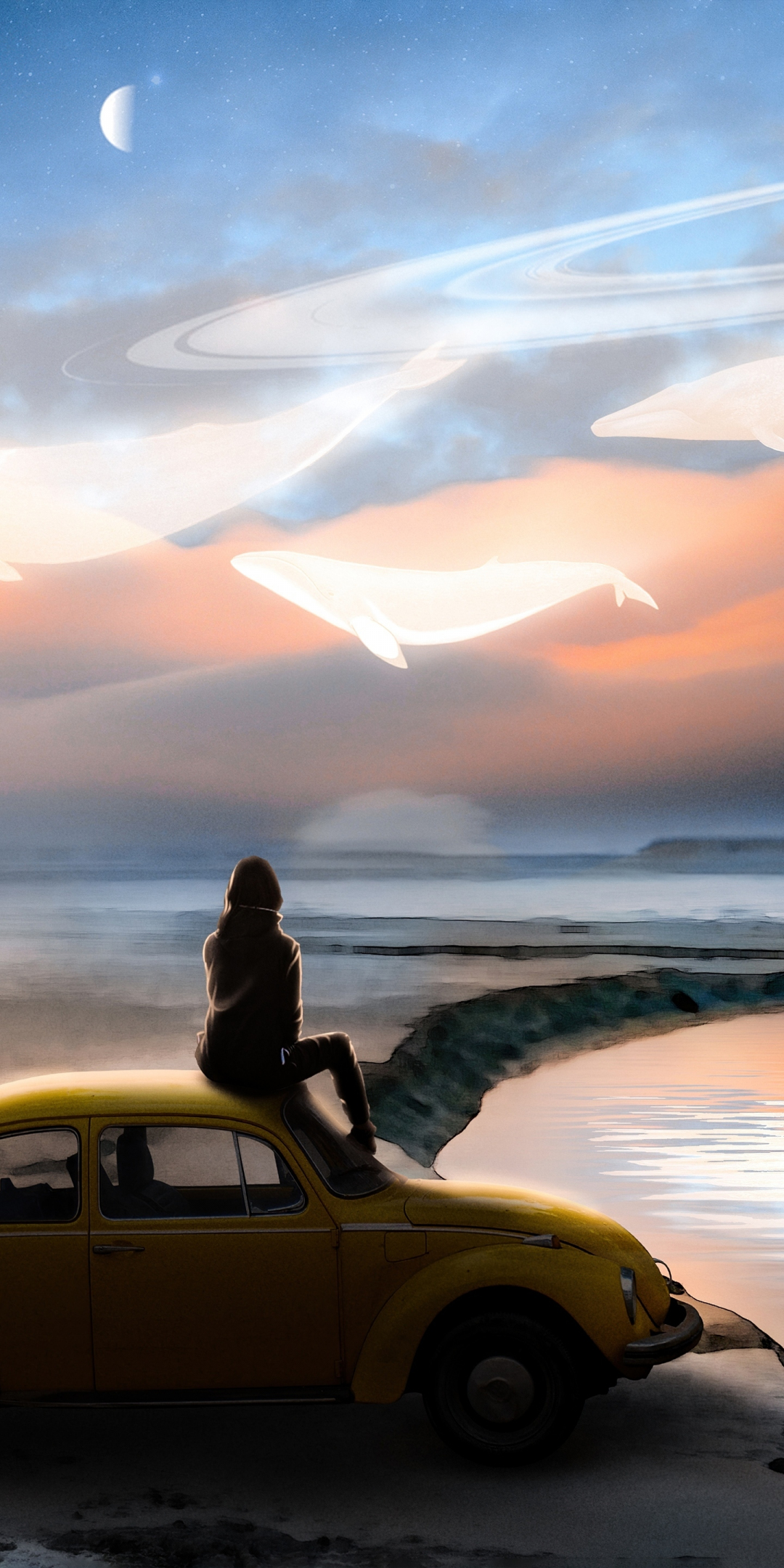 Fantasy, precious time with self, car and girl, beach, artwork, 1080x2160 wallpaper