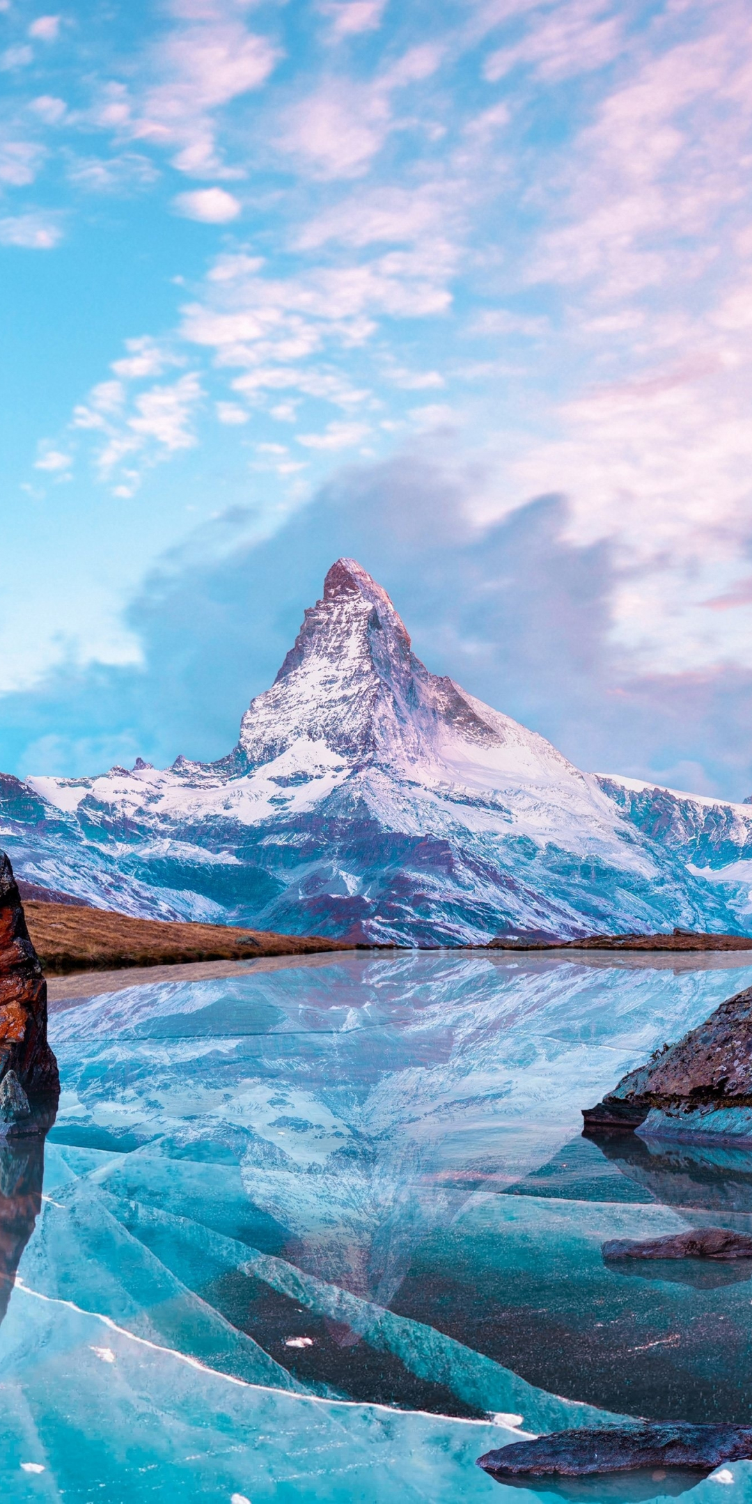 Matterhorn, mountains, nature, frozen lake, reflection, winter, 1080x2160 wallpaper