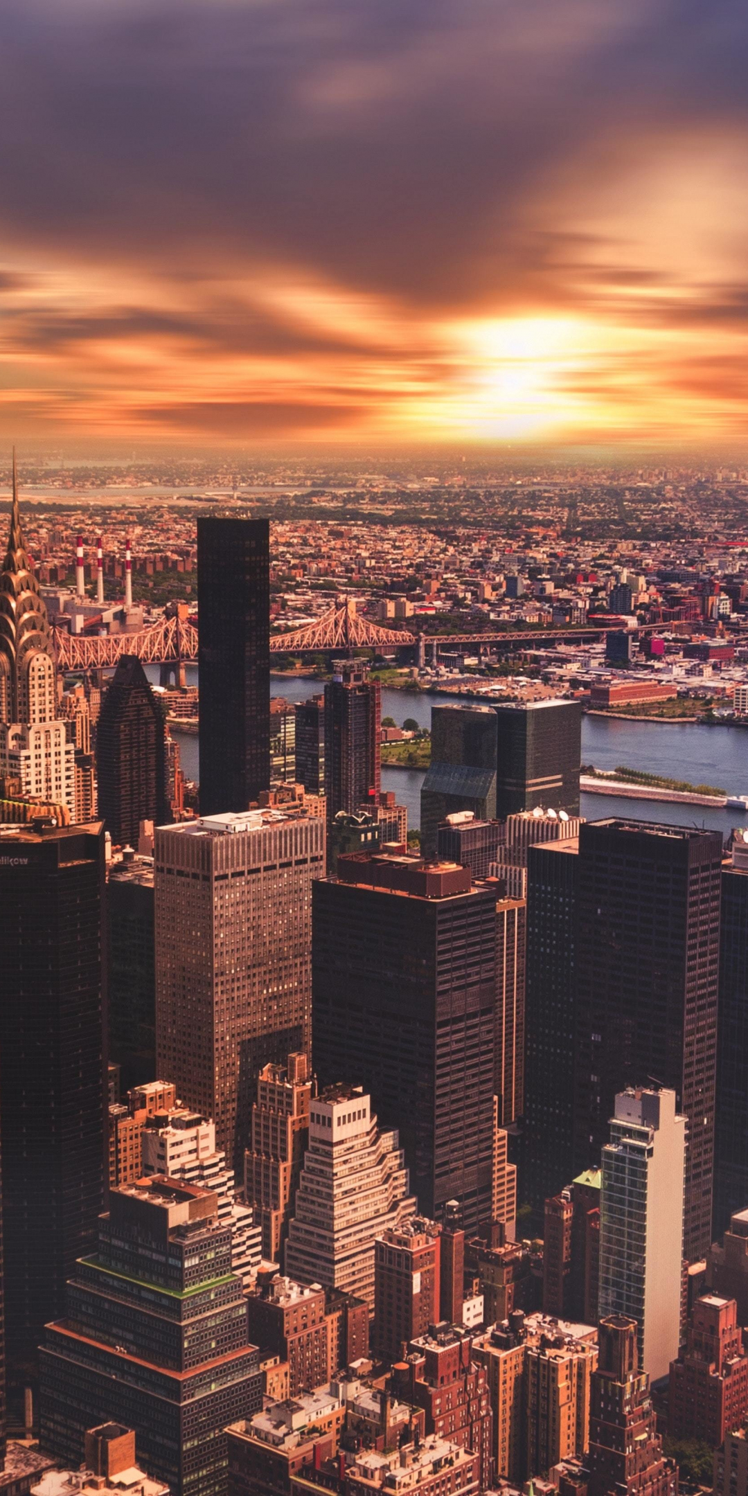 New York, skysrapers, cityscape, sunset, clouds, 1080x2160 wallpaper
