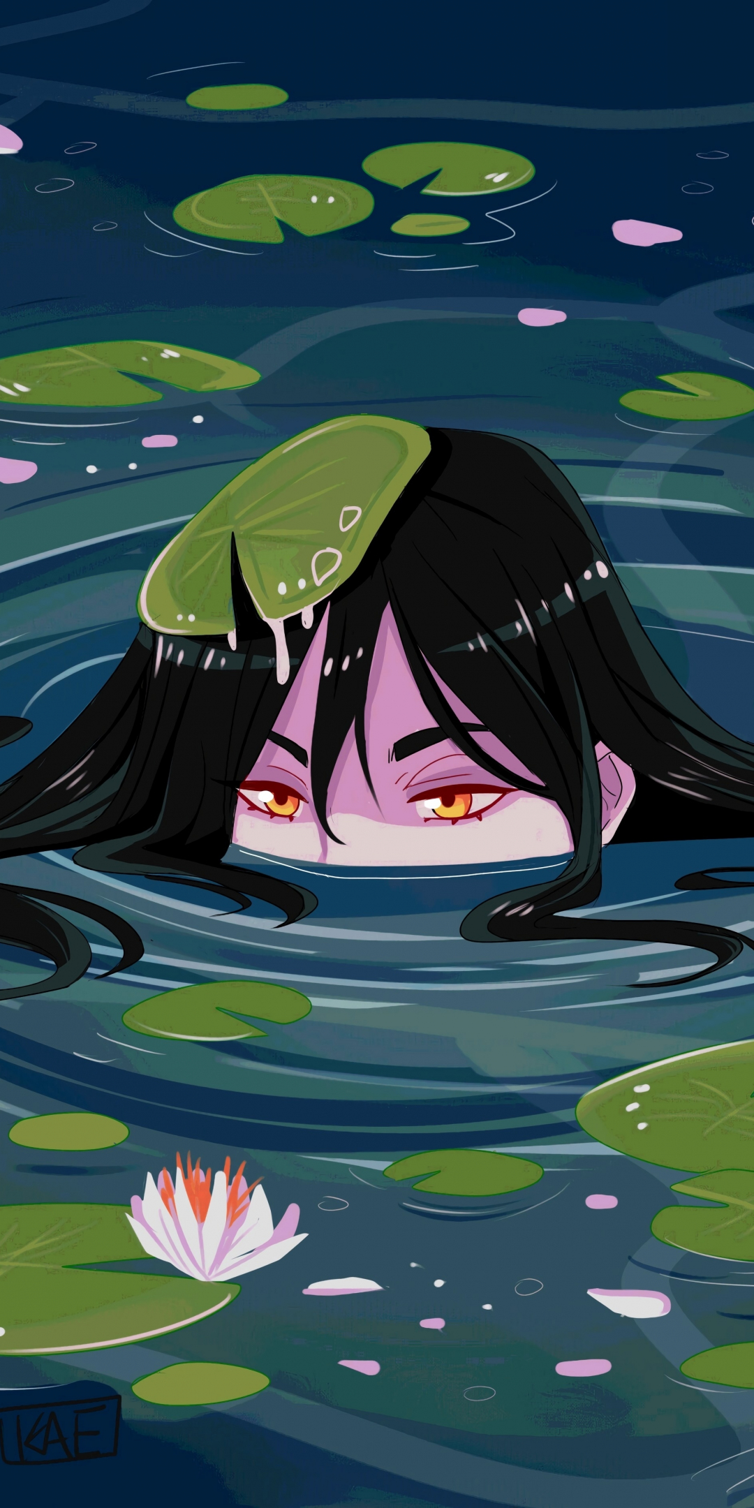 Girl in water, water lilies, original, art, 1080x2160 wallpaper