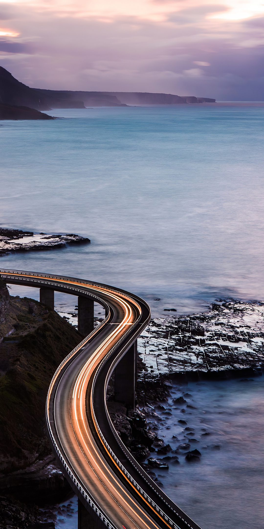 Coastal bridge, highway, light trails, road, aerial view, 1080x2160 wallpaper