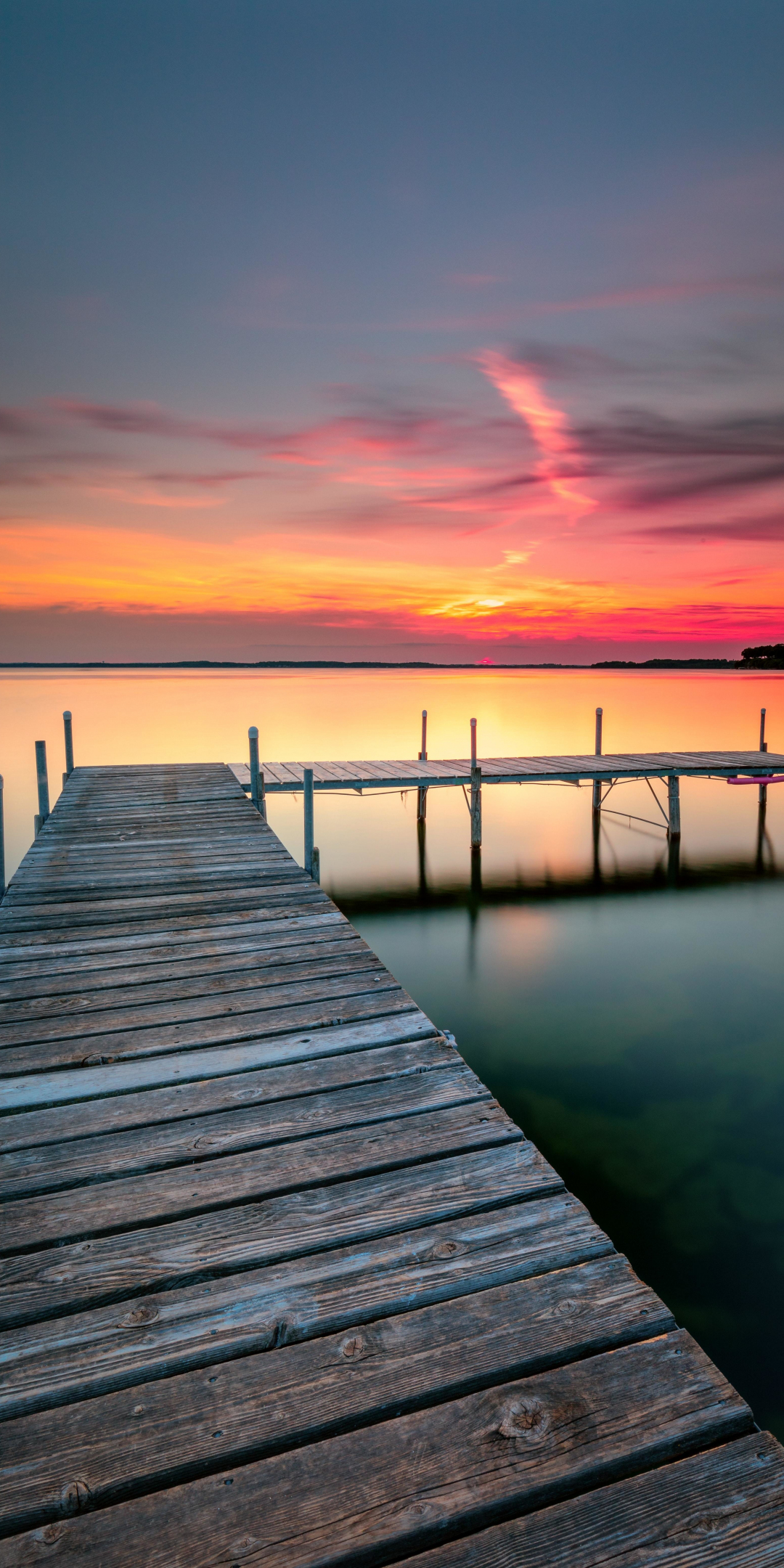 Wooden pier, calm lake, sunset, 1080x2160 wallpaper