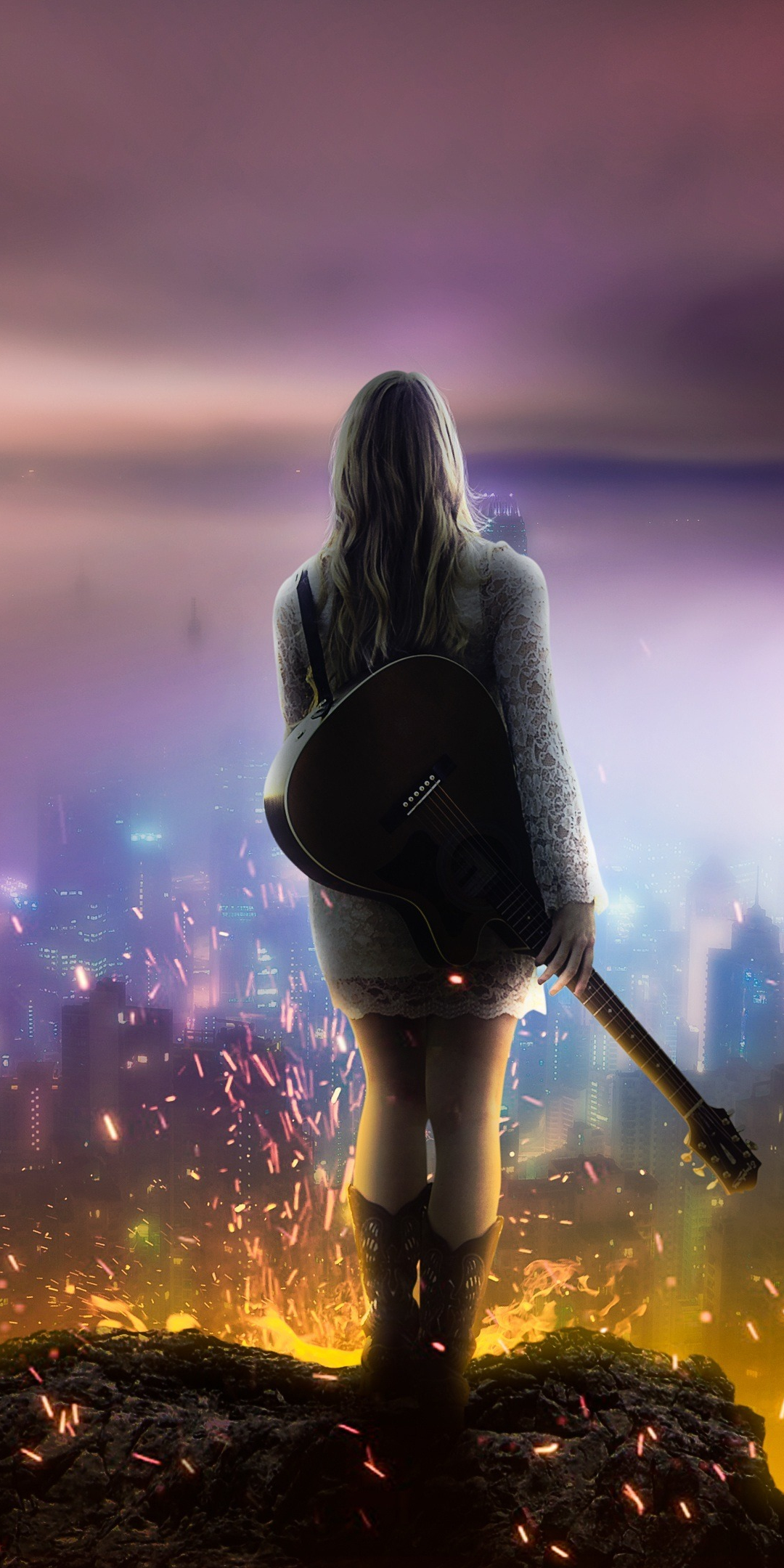 Girl, dream, music, guitar, night, city, 1080x2160 wallpaper