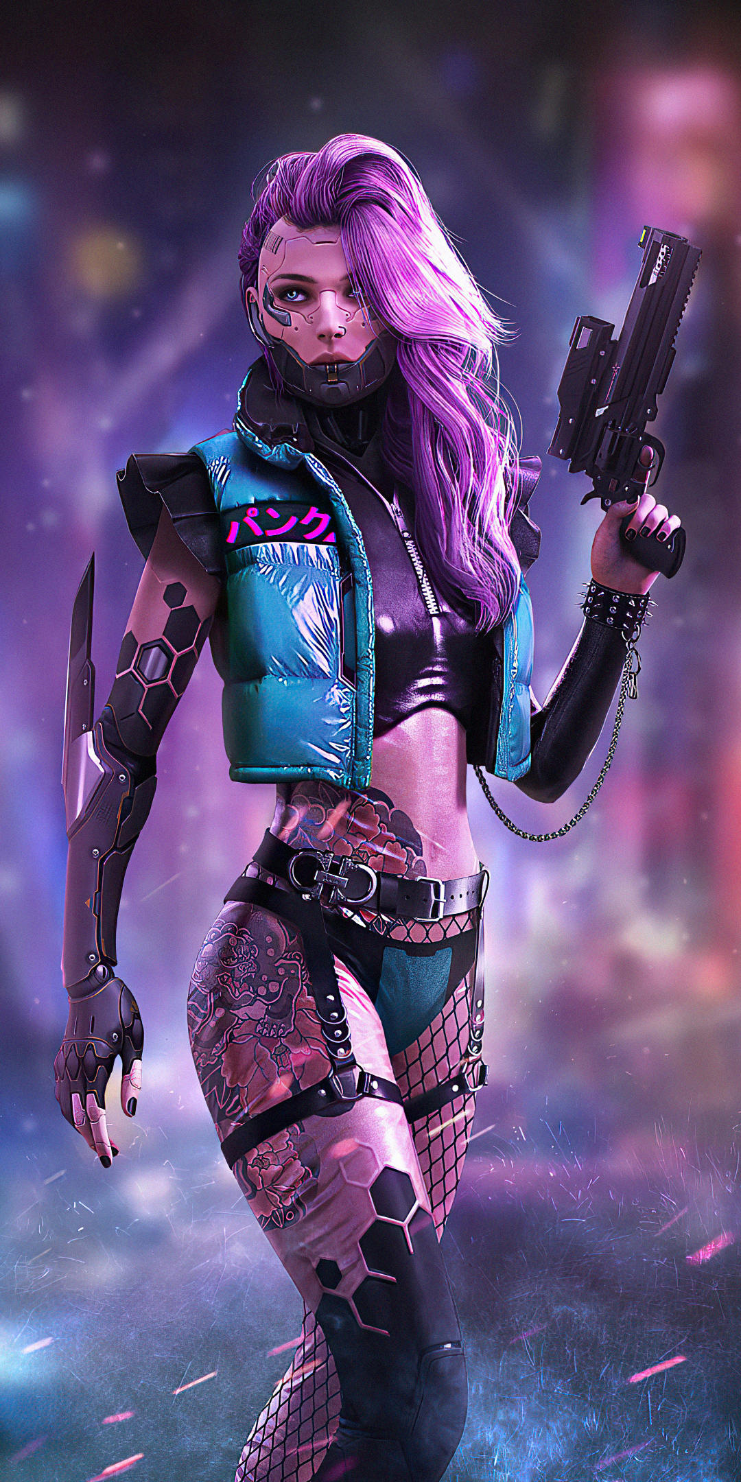 Cyberpunk, tattoo on body, girl with guns, 1080x2160 wallpaper