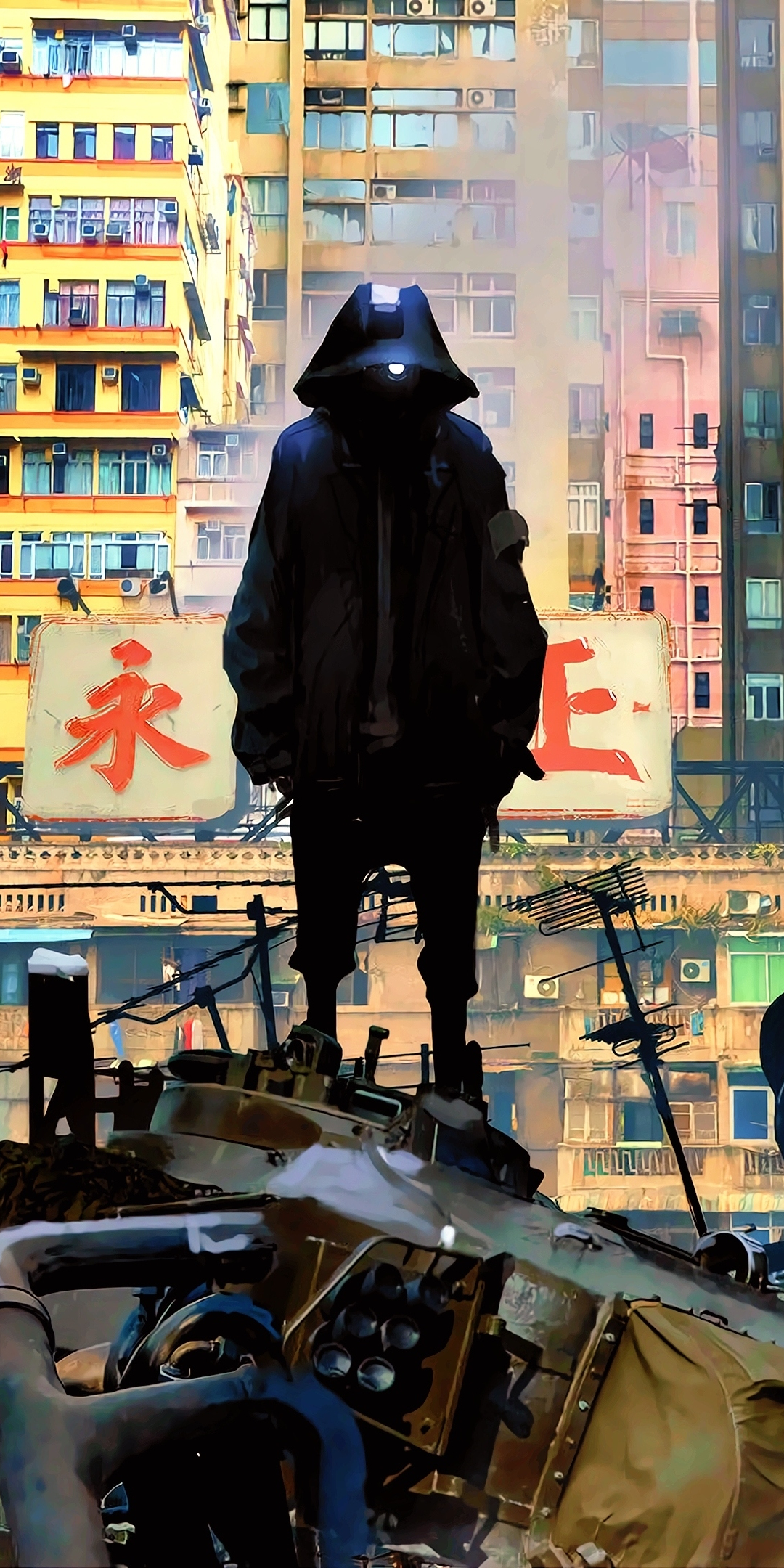 Cityscape, cyberpunk, man in hood, art, 1080x2160 wallpaper