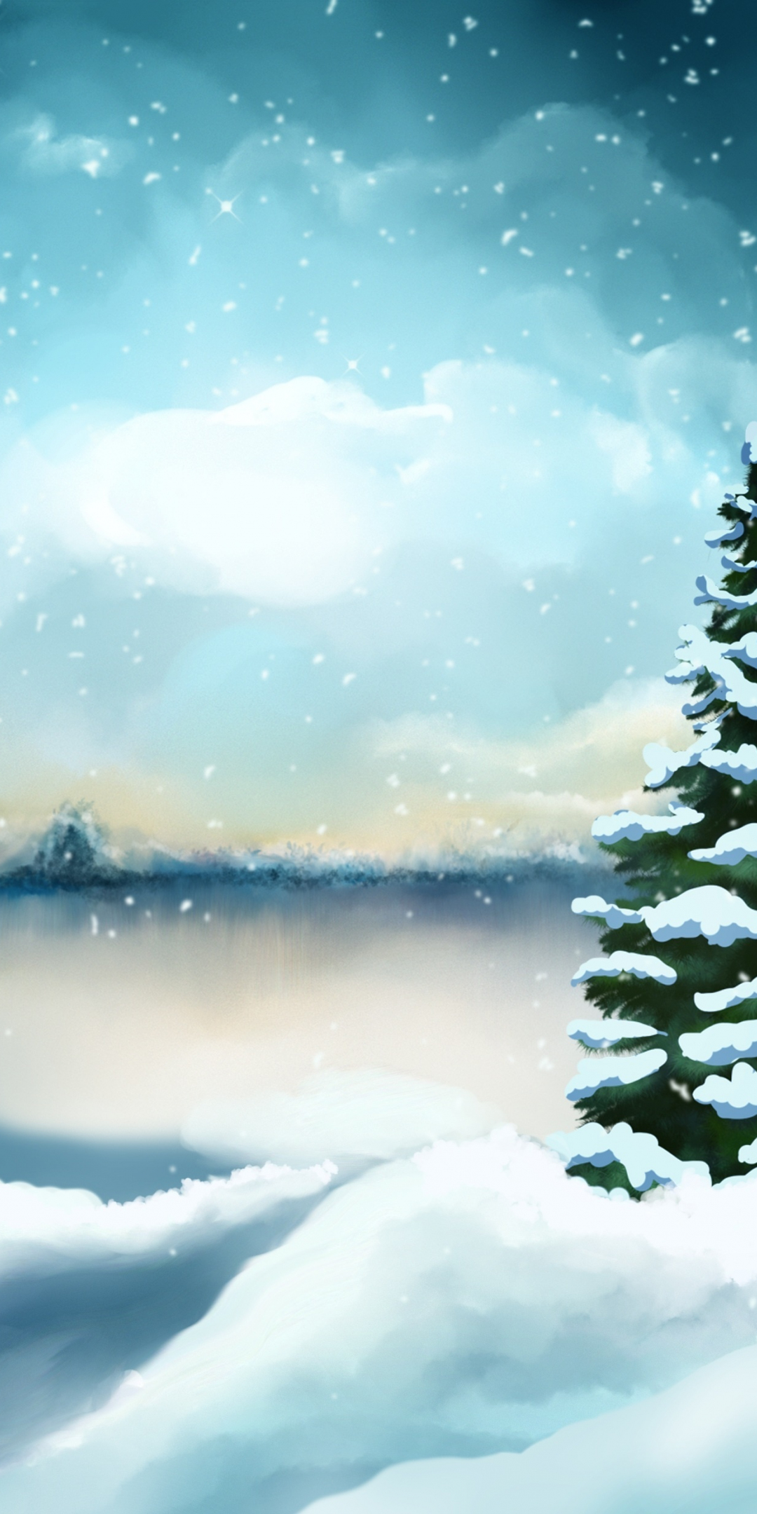Winter, pine trees, lake, digital art, 1080x2160 wallpaper
