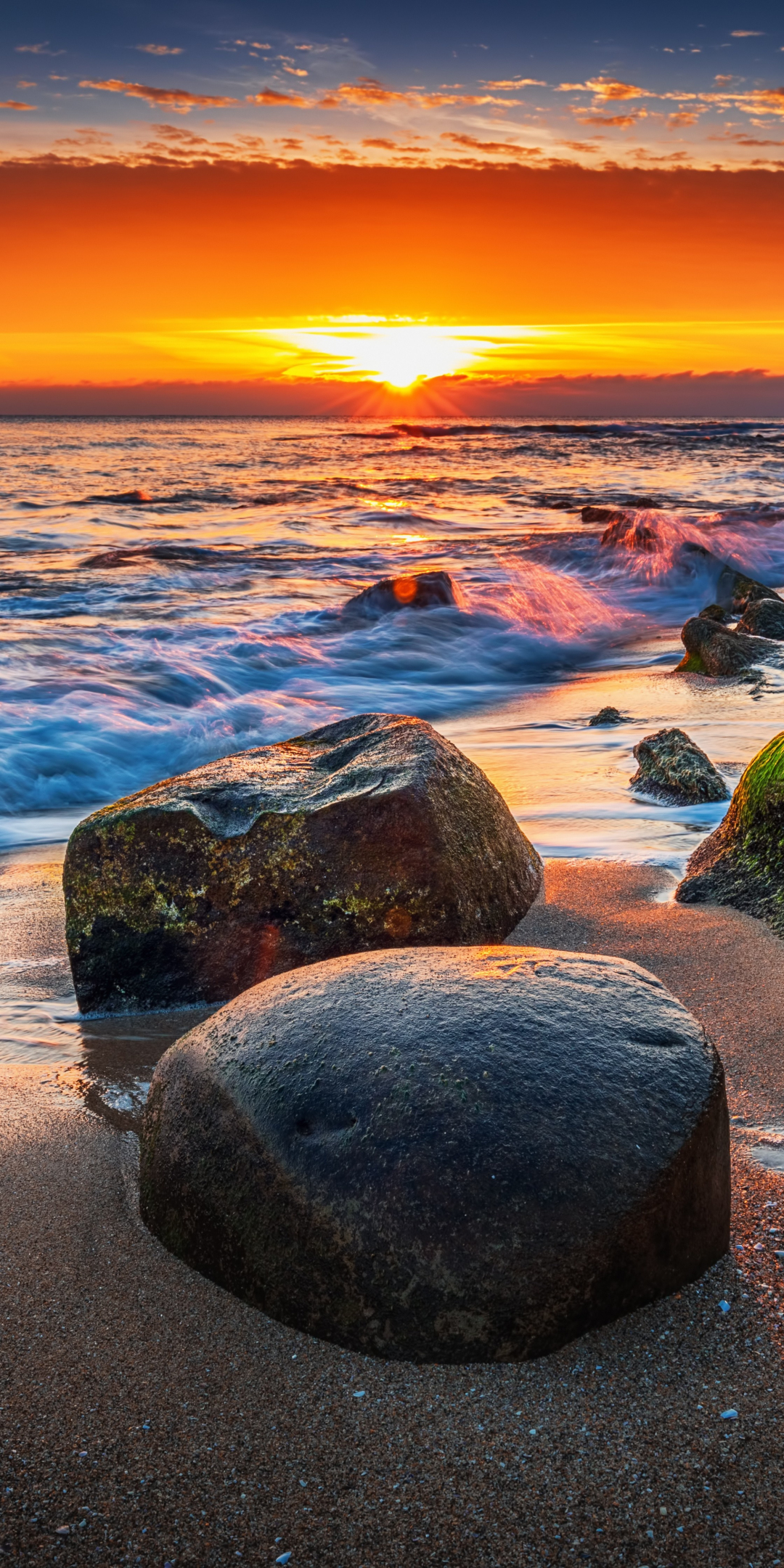 Coast, rocks, sunset, sea, sea waves, 1080x2160 wallpaper
