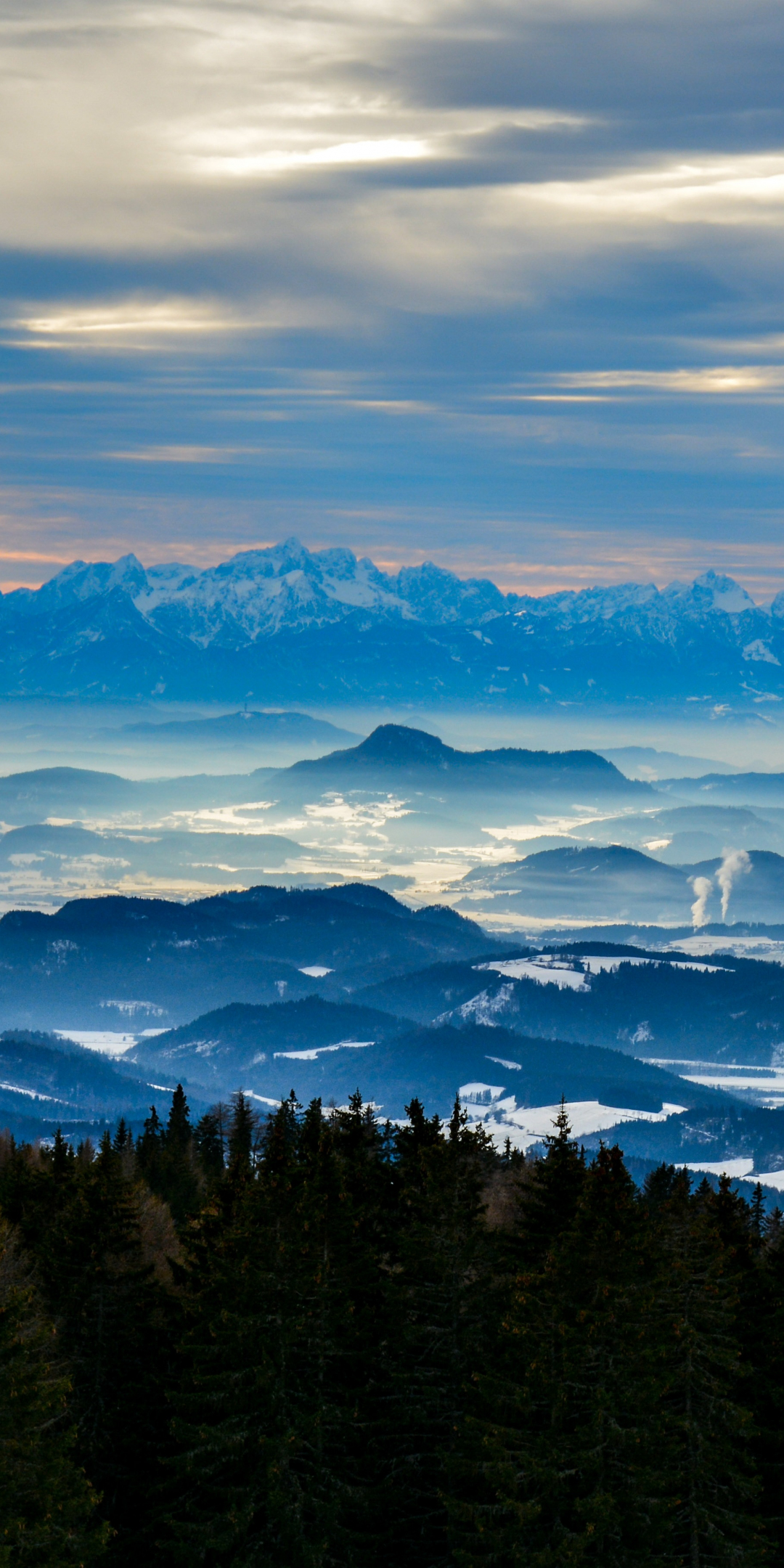 Mountains, horizon, misty sunrise, Austria, 1080x2160 wallpaper