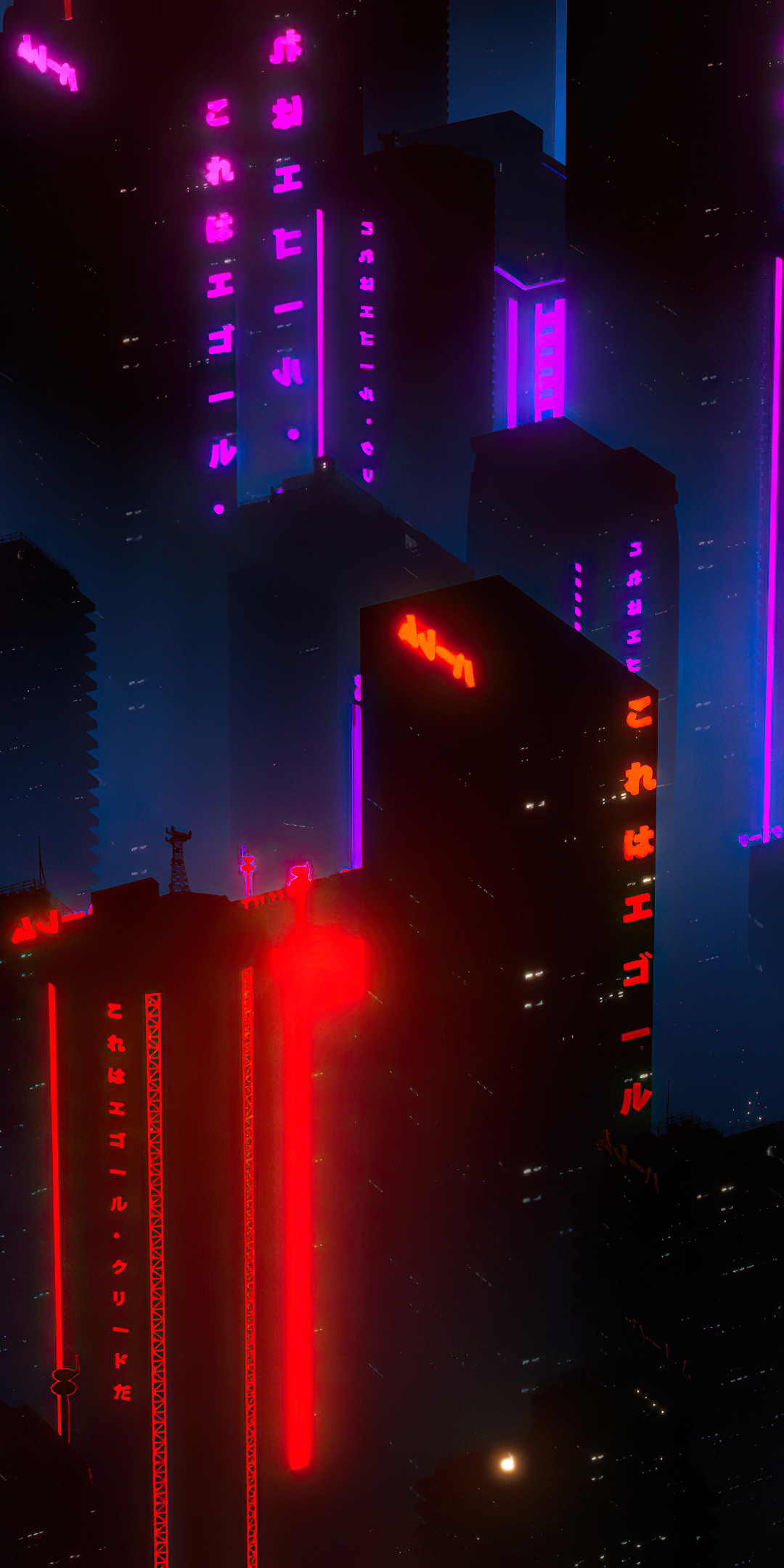 Neon lights, cityscape, buildings, aerial view, 1080x2160 wallpaper