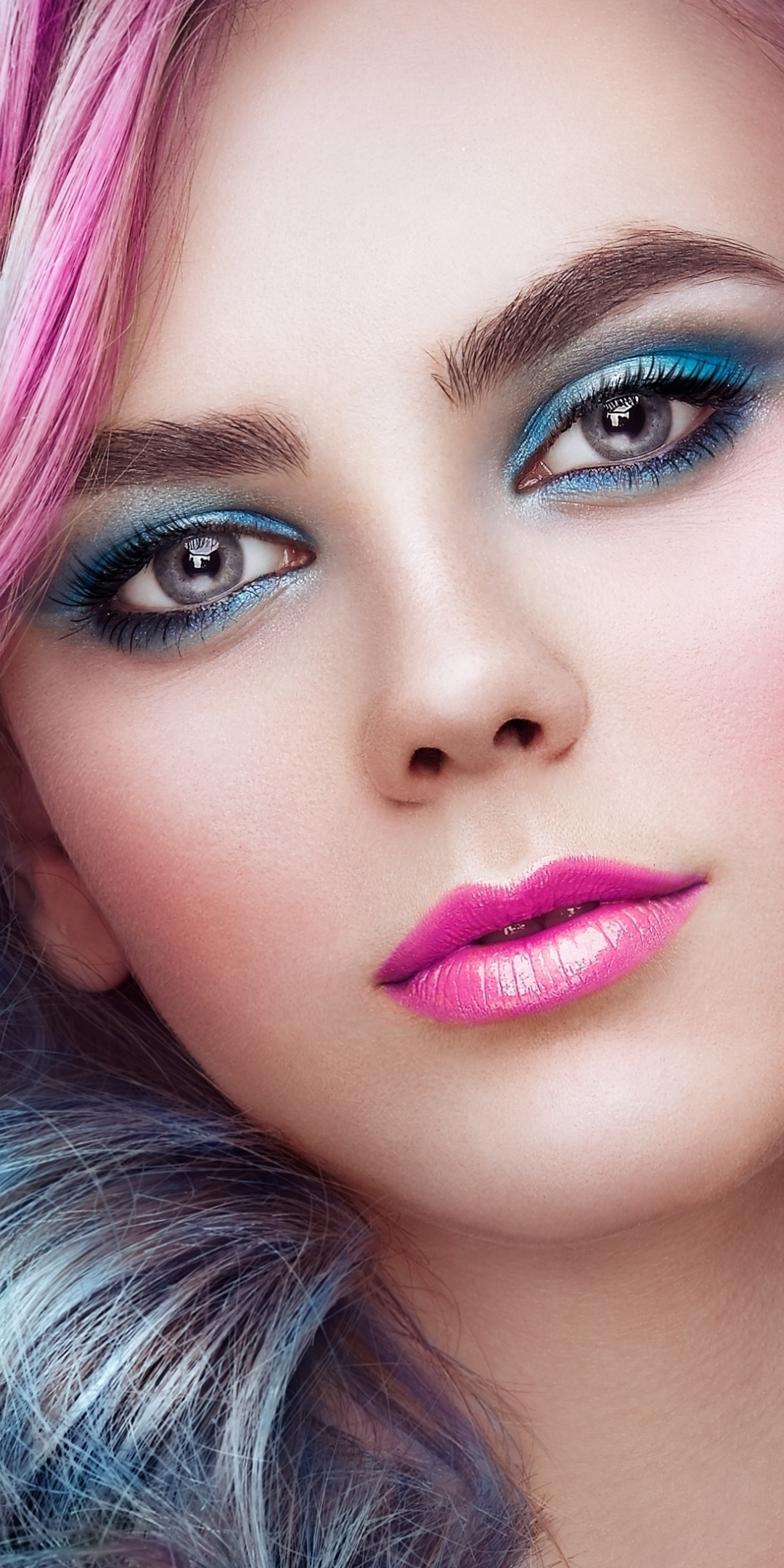 Color hair, girl model, makeup, close up, 1080x2160 wallpaper