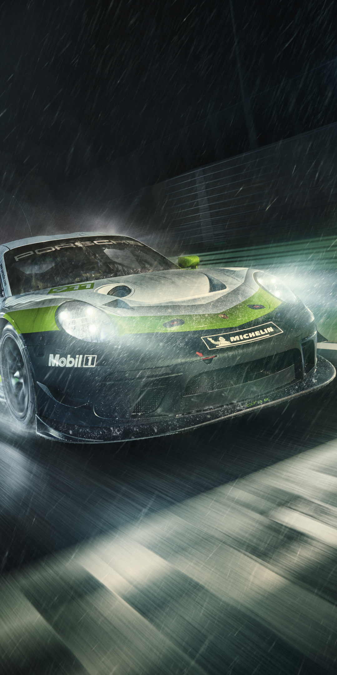 Porsche 911 GT3 R, rain blur, sports car, 2018, 1080x2160 wallpaper
