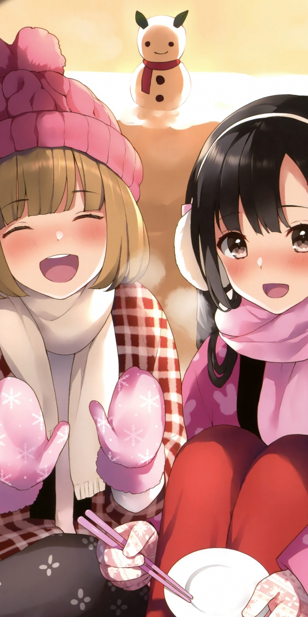 Winter, cute anime girls, friends, 1080x2160 wallpaper