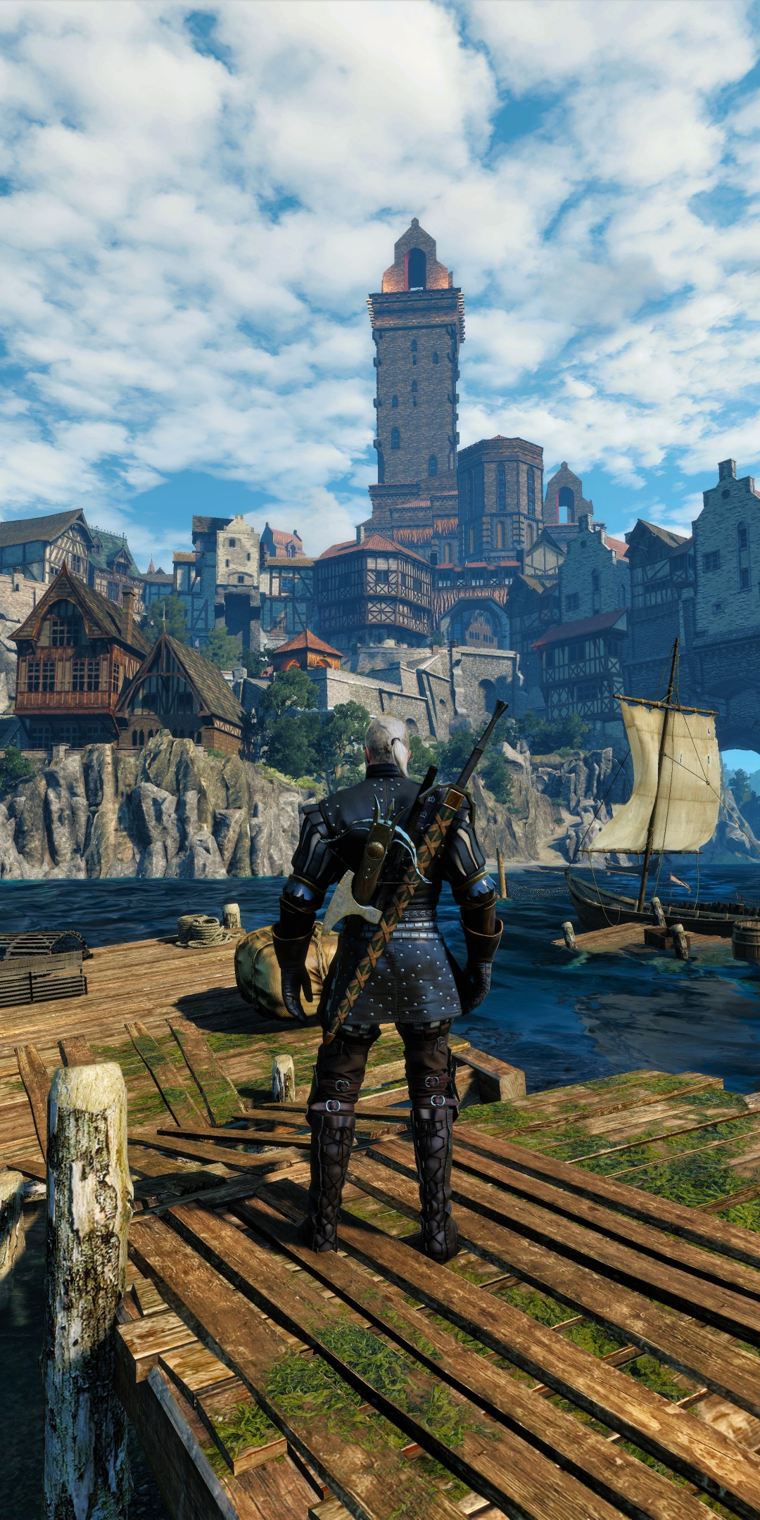 Video game, Geralt of Rivia, The Witcher 3: Wild Hunt, pier, 1080x2160 wallpaper