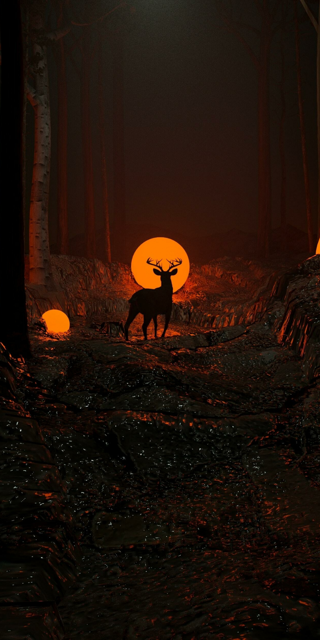 Deer, silhouette, dark night, forest, 1080x2160 wallpaper