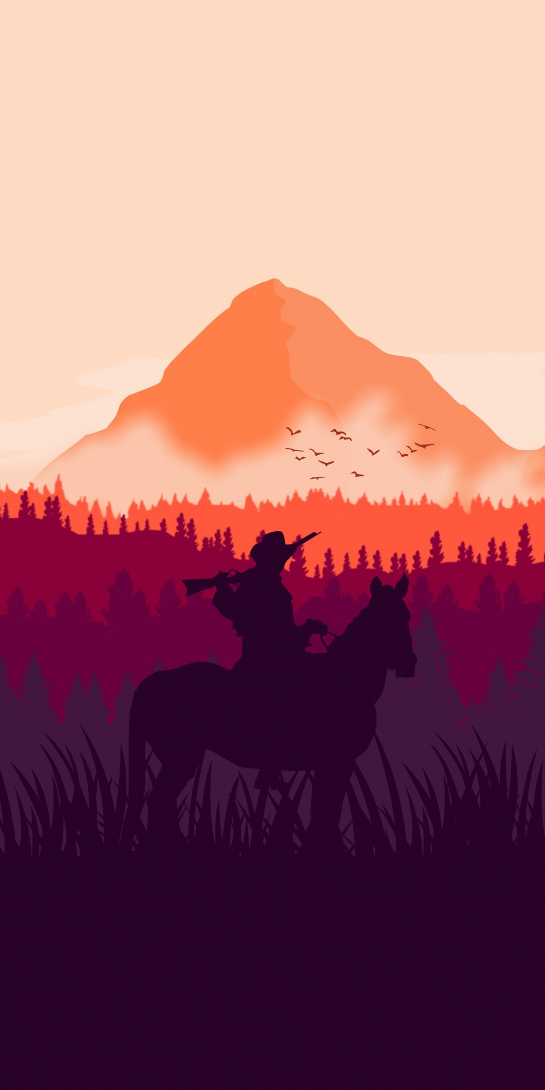 Red Dead Redemption 2, horse ride, silhouette, art, 1080x2160 wallpaper