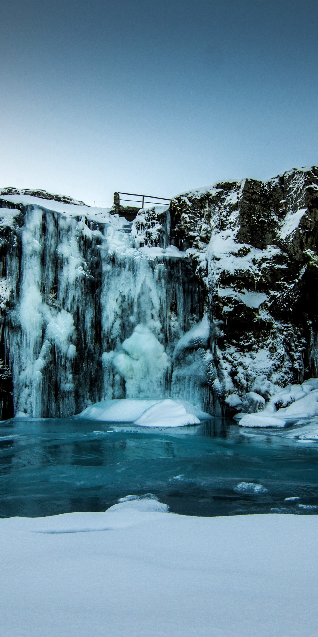 Winter, freezing lake, waterfall, nature, 1080x2160 wallpaper