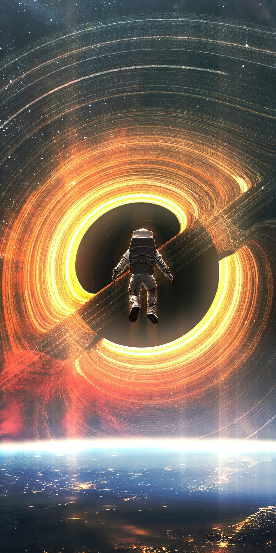 Refraction of black hole, astronaut, art, 1080x2160 wallpaper