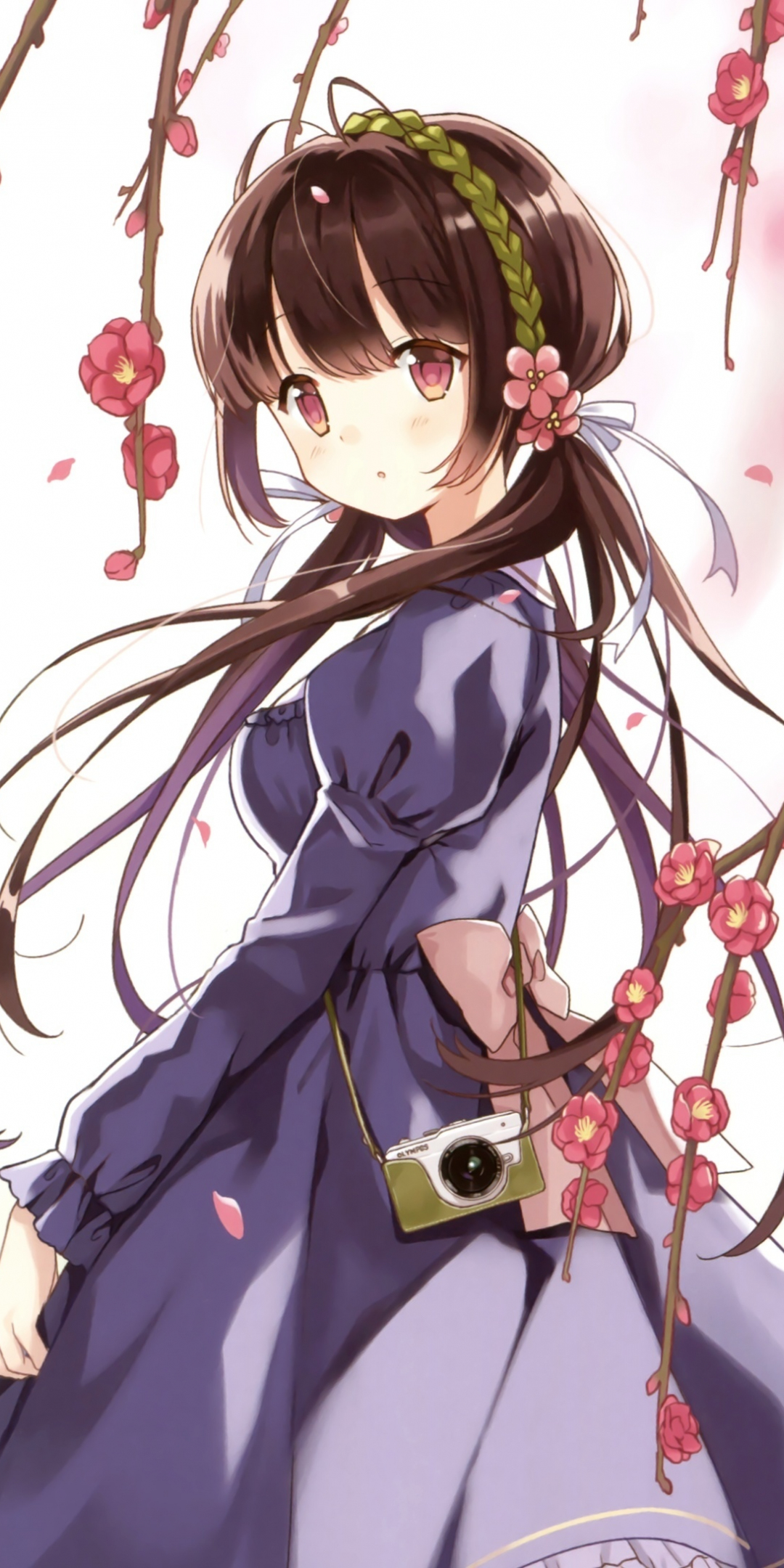 Pink eyes, blossom, outdoor, anime girl, 1080x2160 wallpaper