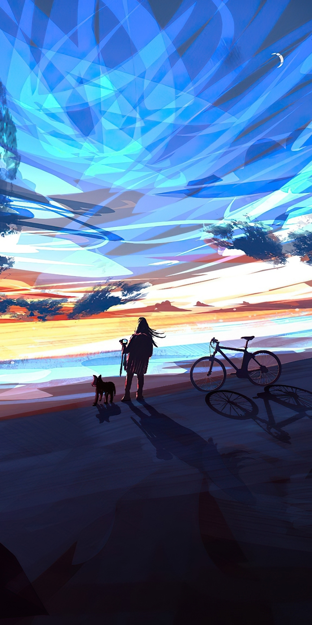Relaxing place, lake shore, sunset, art, 1080x2160 wallpaper