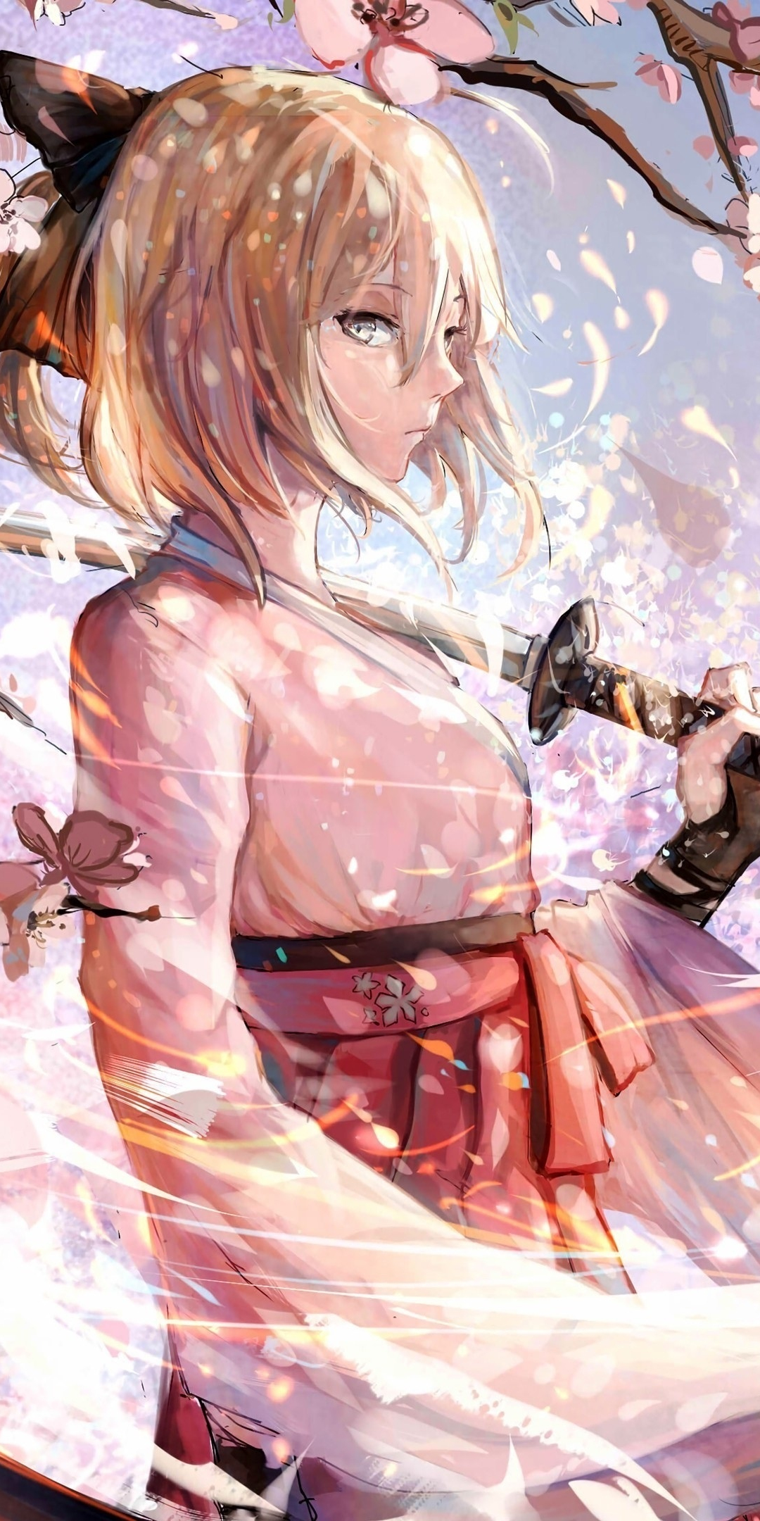 Sakura saber, katana, cherry blossom, anime, 1080x2160 wallpaper