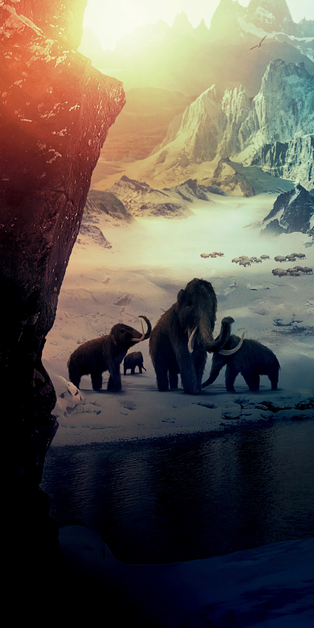 Mammoths, big Elephants, Ice Age, snow mountains, fantasy, 1080x2160 wallpaper