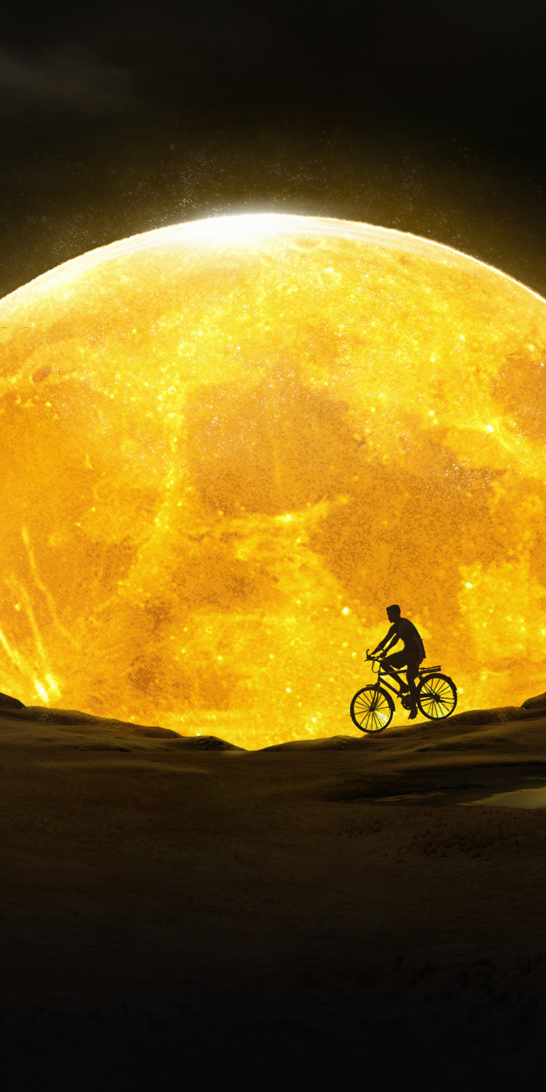 Moon, night, yellow moon, cycling, silhouette, art, 1080x2160 wallpaper