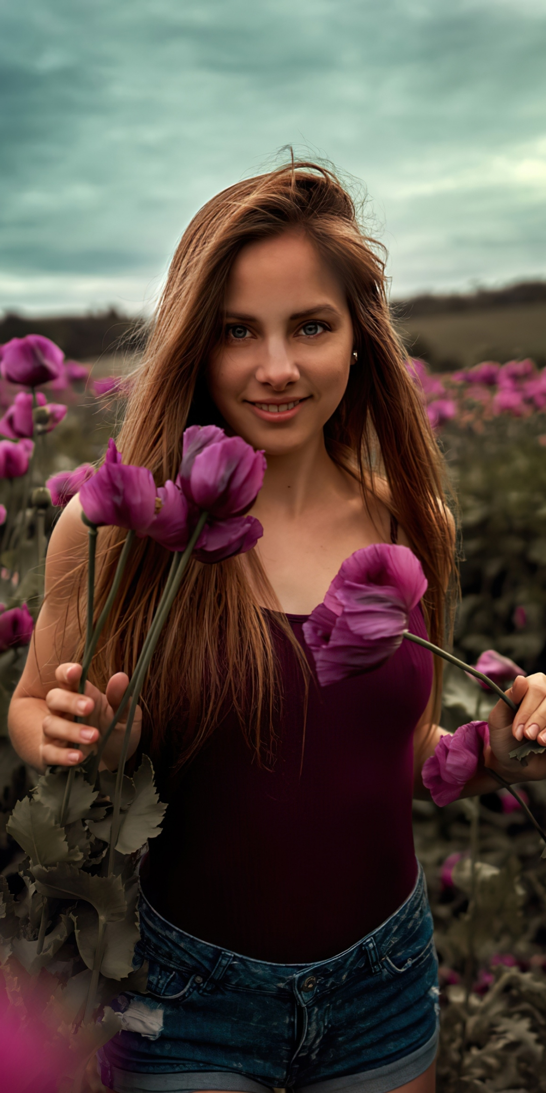 Beautiful woman, outdoor at farm field, model, 1080x2160 wallpaper