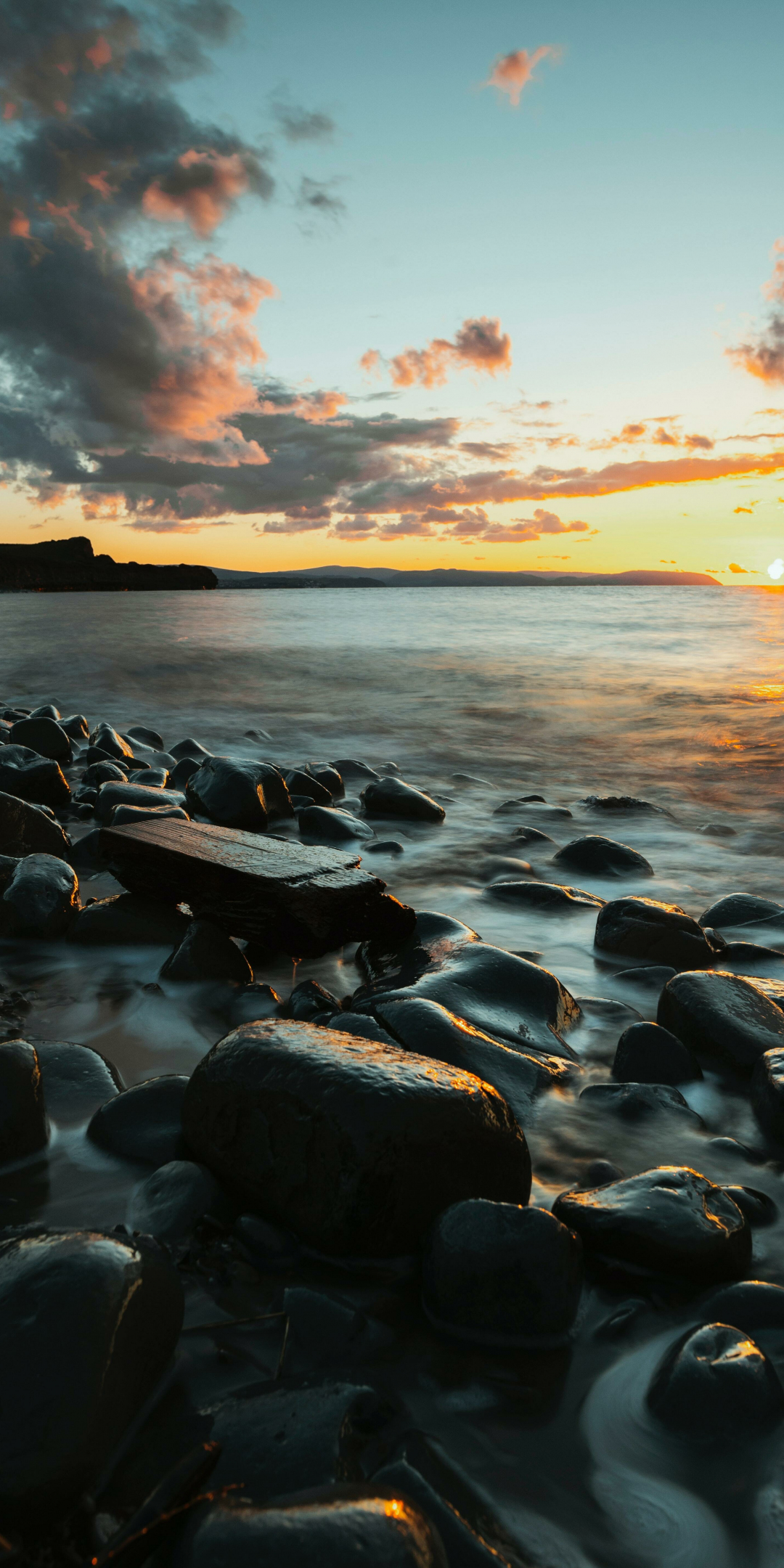 Coast, black rocks, sunset, 1080x2160 wallpaper