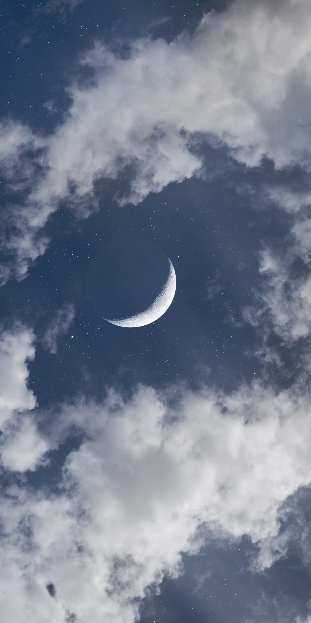 Crescent moon, half moon, clouds, blue sky, cosmos stars, 1080x2160 wallpaper