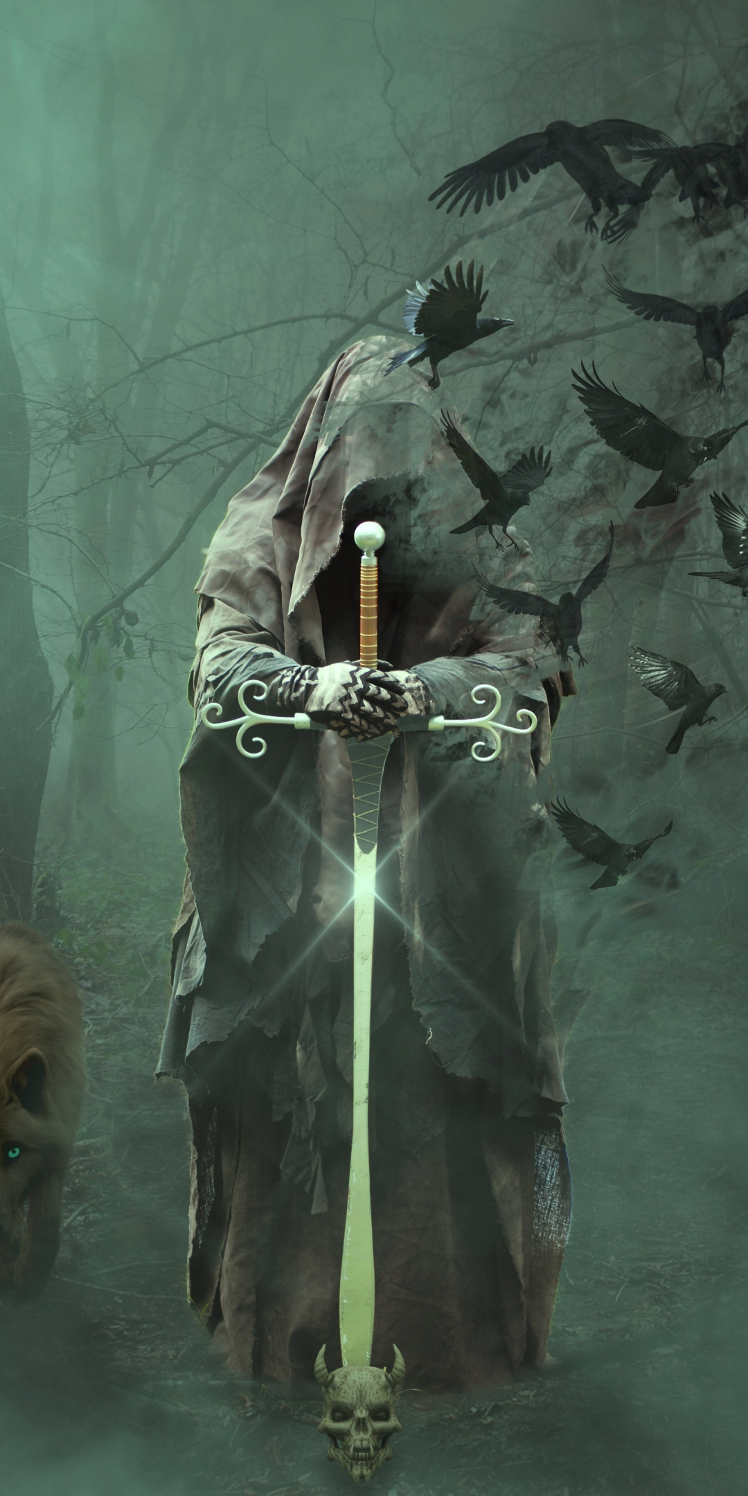 Magician, warrior with sword, fantasy, wolf, mystical, art, 1080x2160 wallpaper