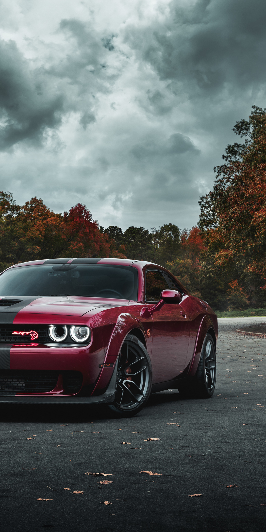 Dodge Challenger SRT Hellcat, muscle car, blood-red car, 1080x2160 wallpaper